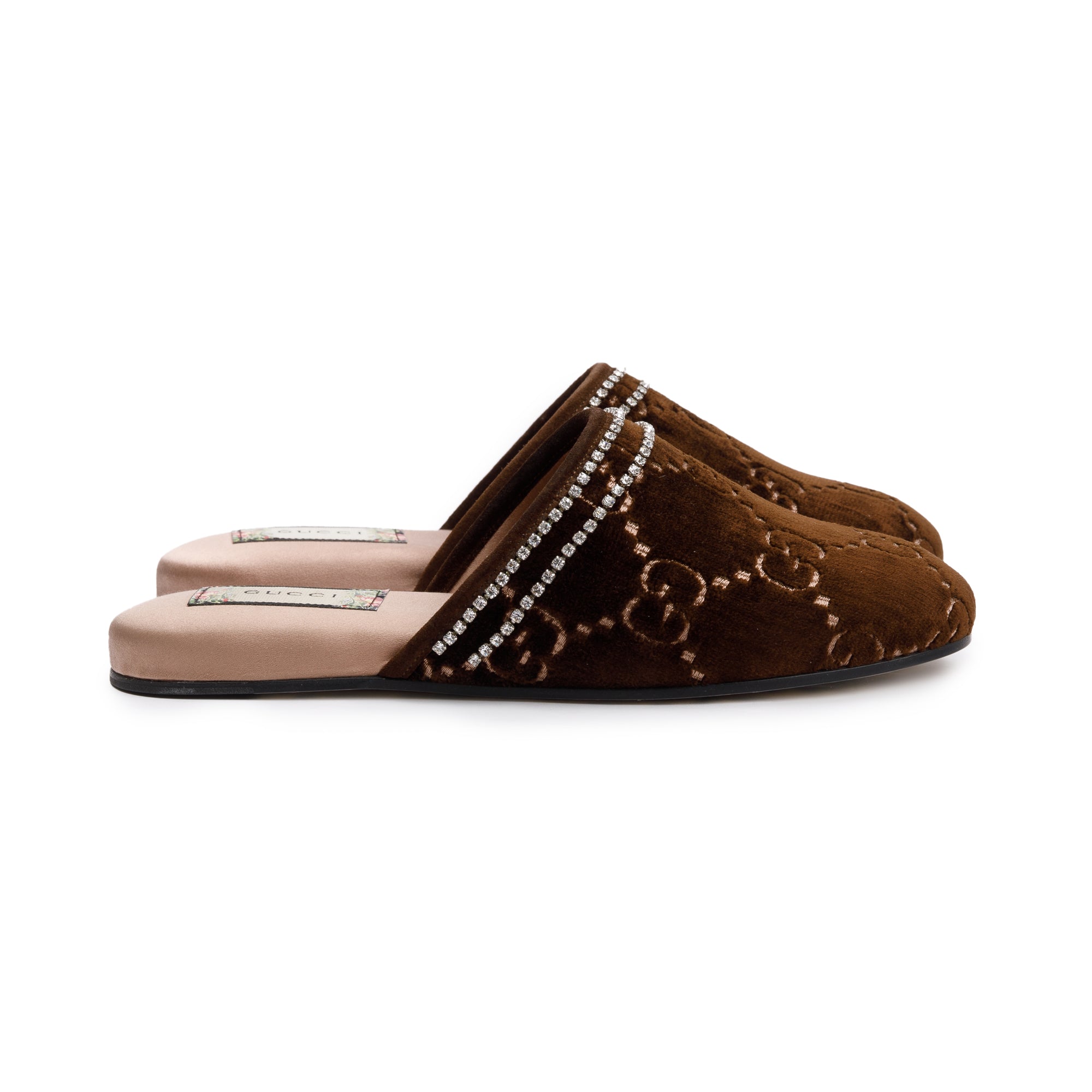Gucci Brown GG Velvet Crystal Mules, Size 36 w/ Box