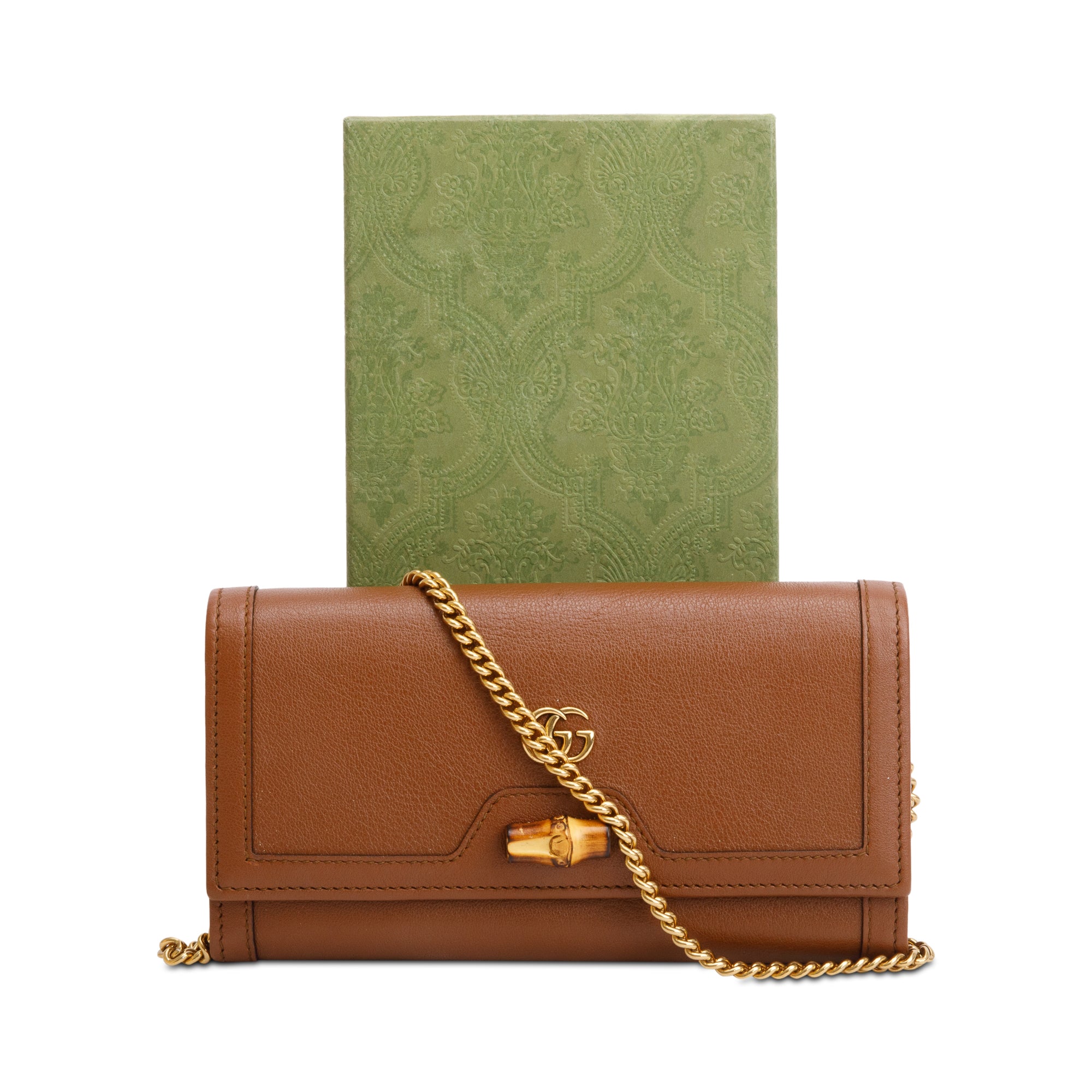 Gucci Brown Leather Bamboo Diana Wallet on Chain w/ Box