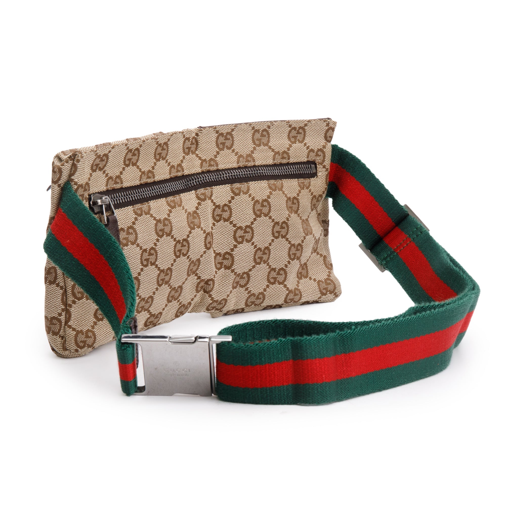 Gucci Brown Leather GG Canvas Web Double Pocket Small Belt Bag