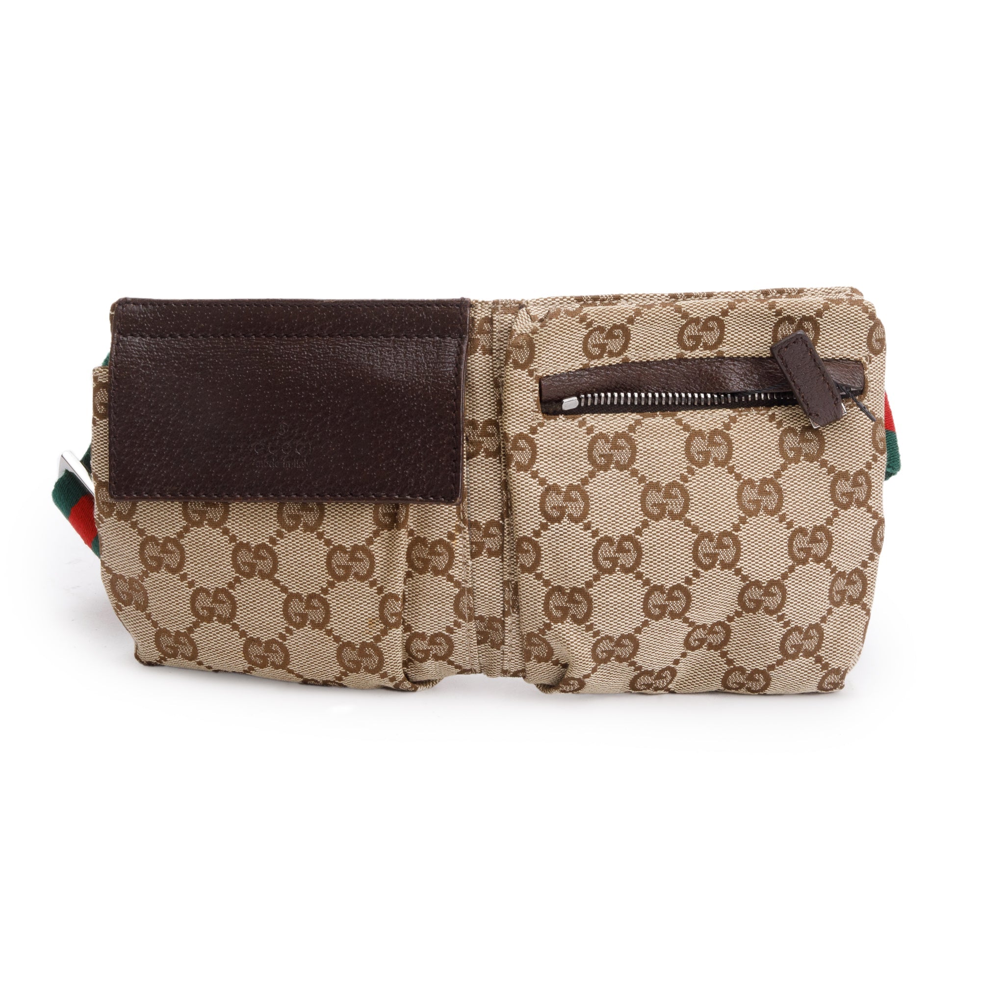 Gucci Brown Leather GG Canvas Web Double Pocket Small Belt Bag