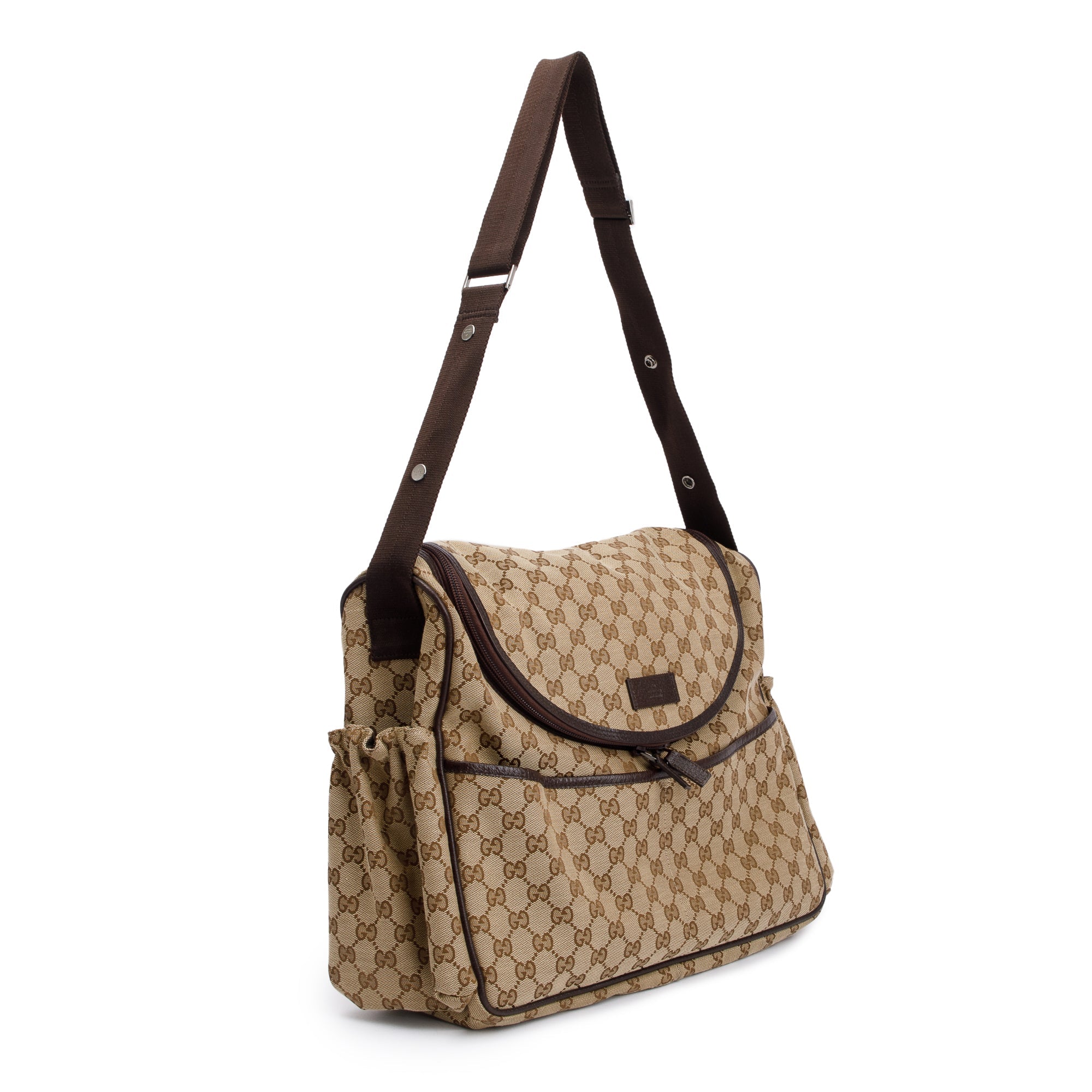 Gucci Brown Leather Trim GG Canvas Diaper Bag