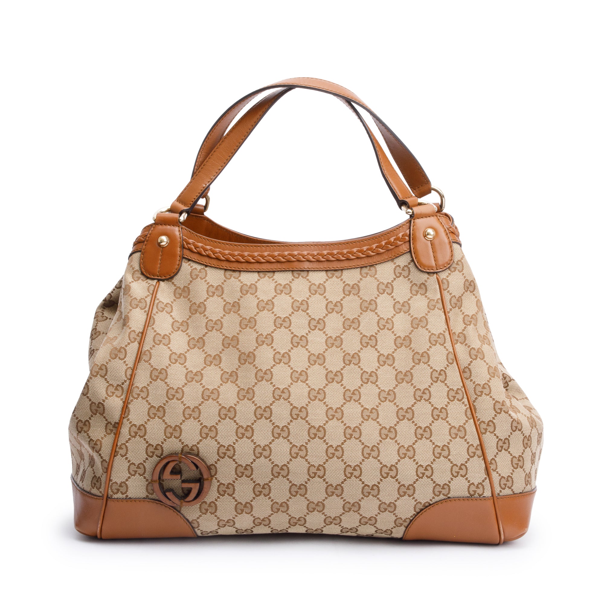 Gucci Brown Leather Trim GG Canvas Medium Brick Lane Tote