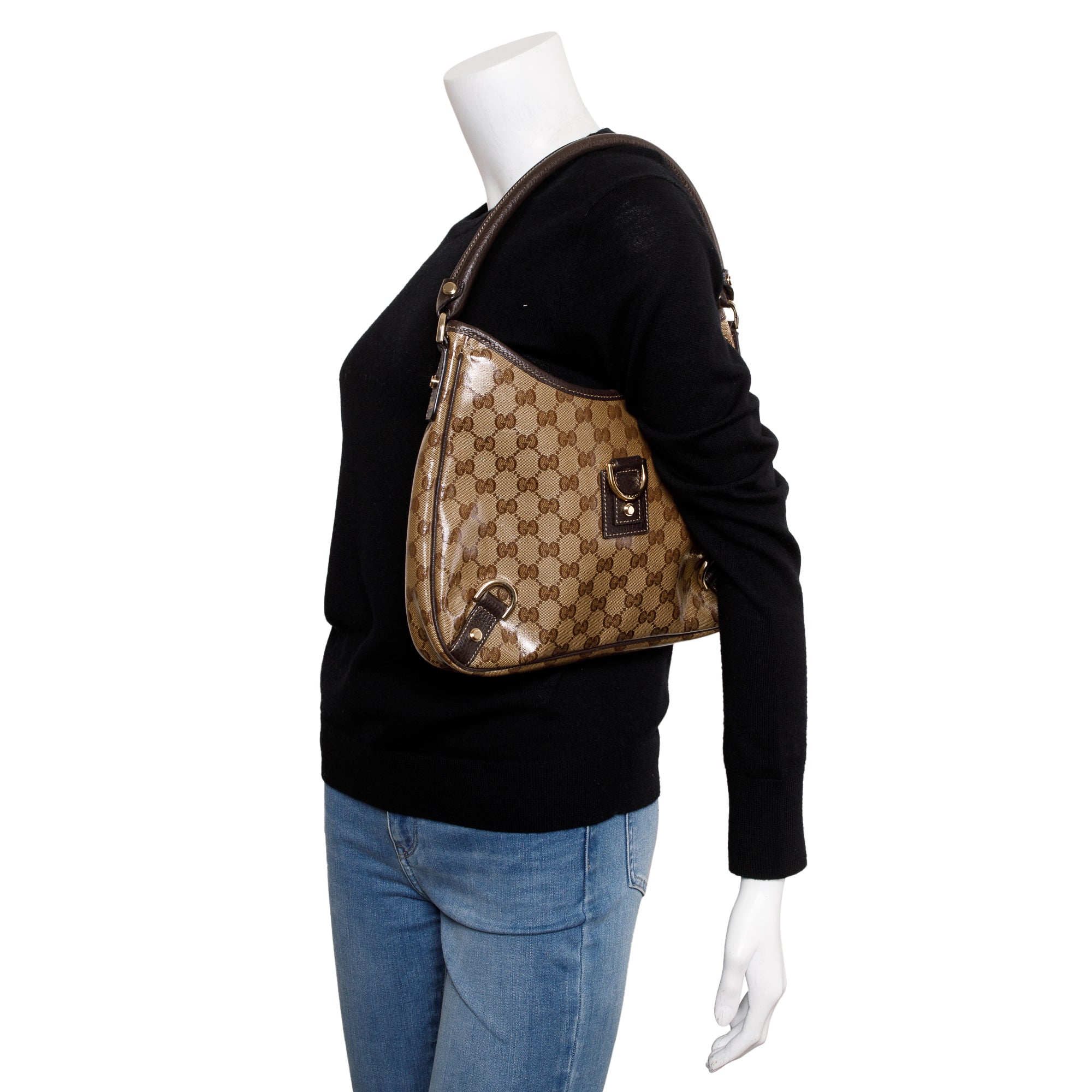 Gucci Brown Leather Trim GG Crystal Abbey Hobo