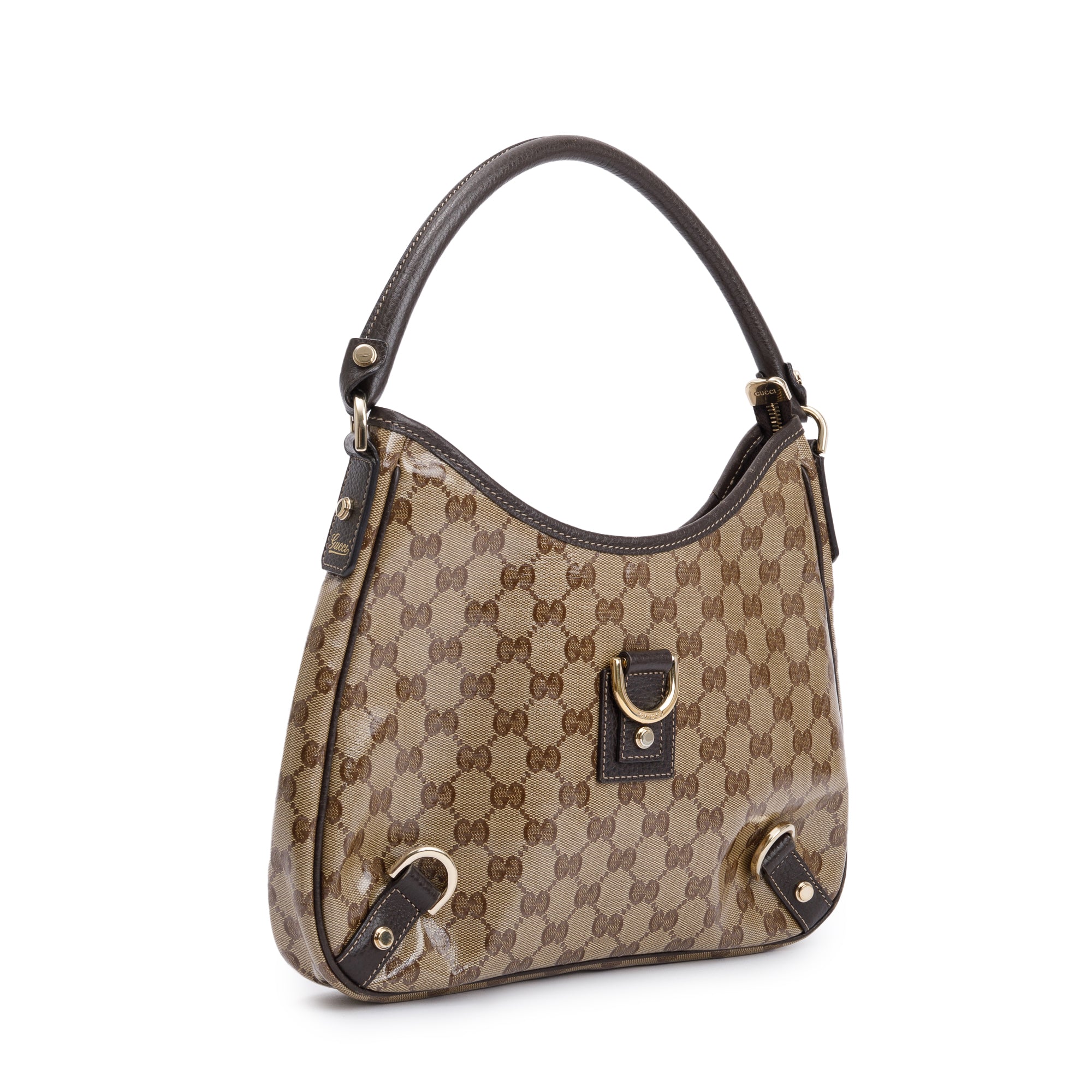 Gucci Brown Leather Trim GG Crystal Abbey Hobo