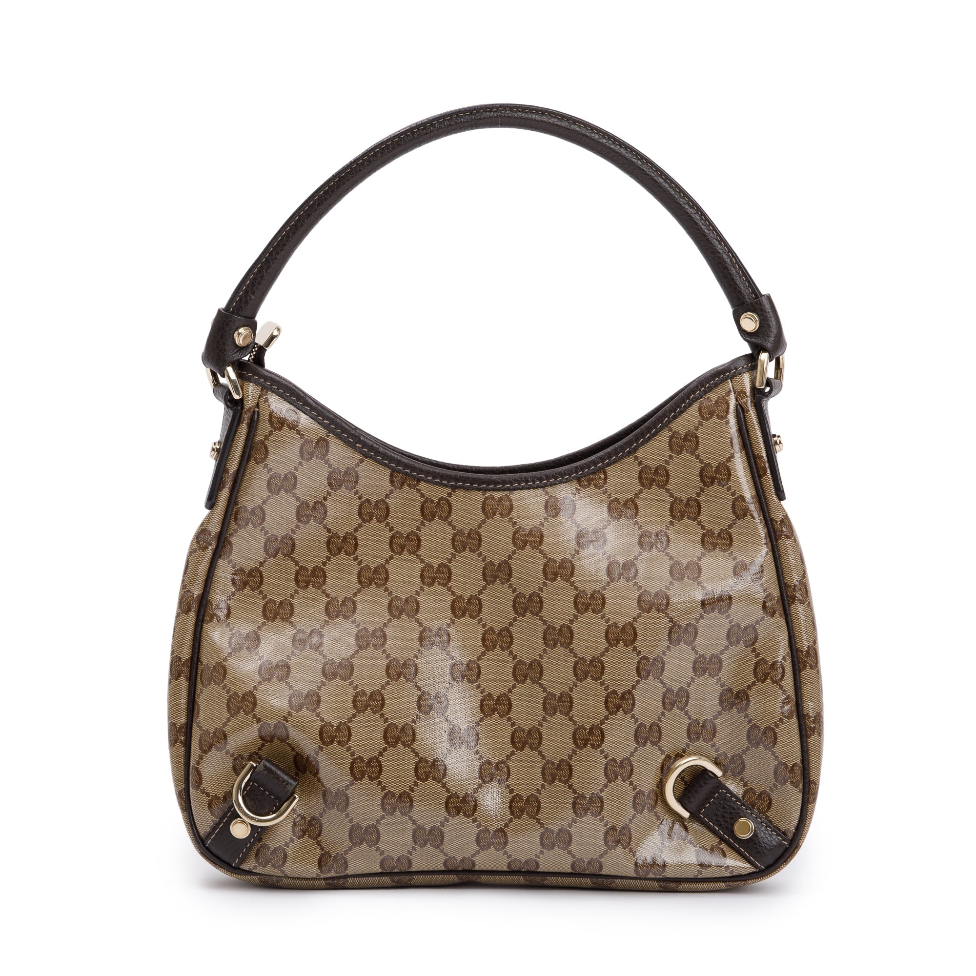 Gucci Brown Leather Trim GG Crystal Abbey Hobo