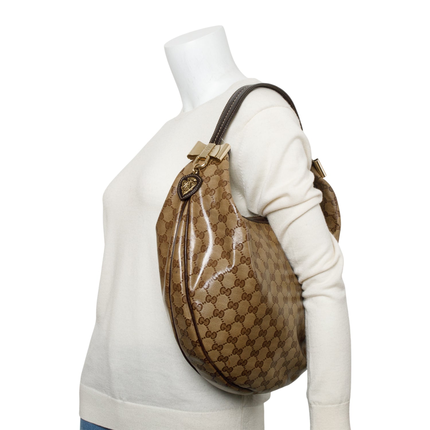 Gucci Brown Leather Trim GG Crystal Duchessa Hobo Bag