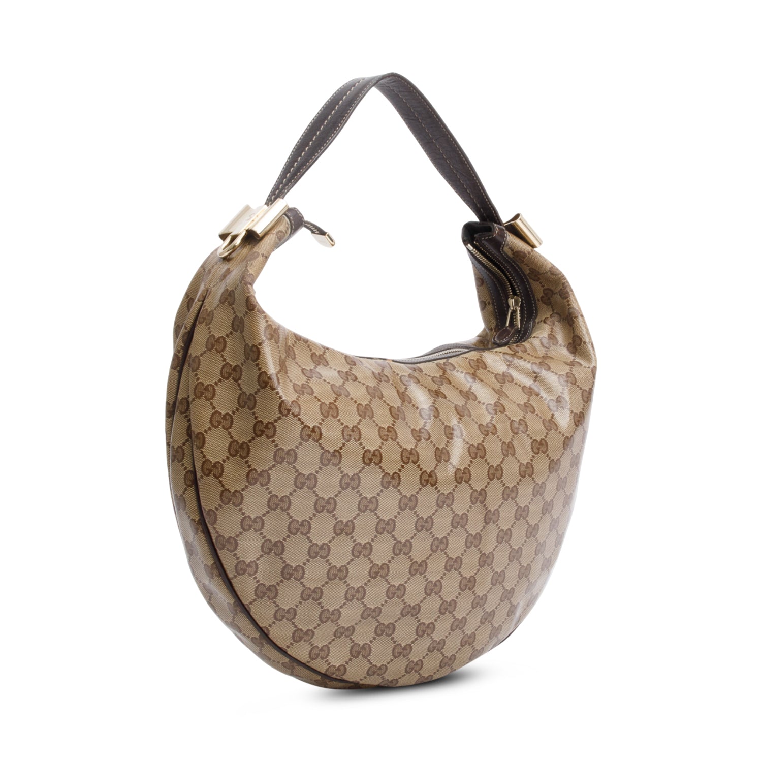 Gucci Brown Leather Trim GG Crystal Duchessa Hobo Bag