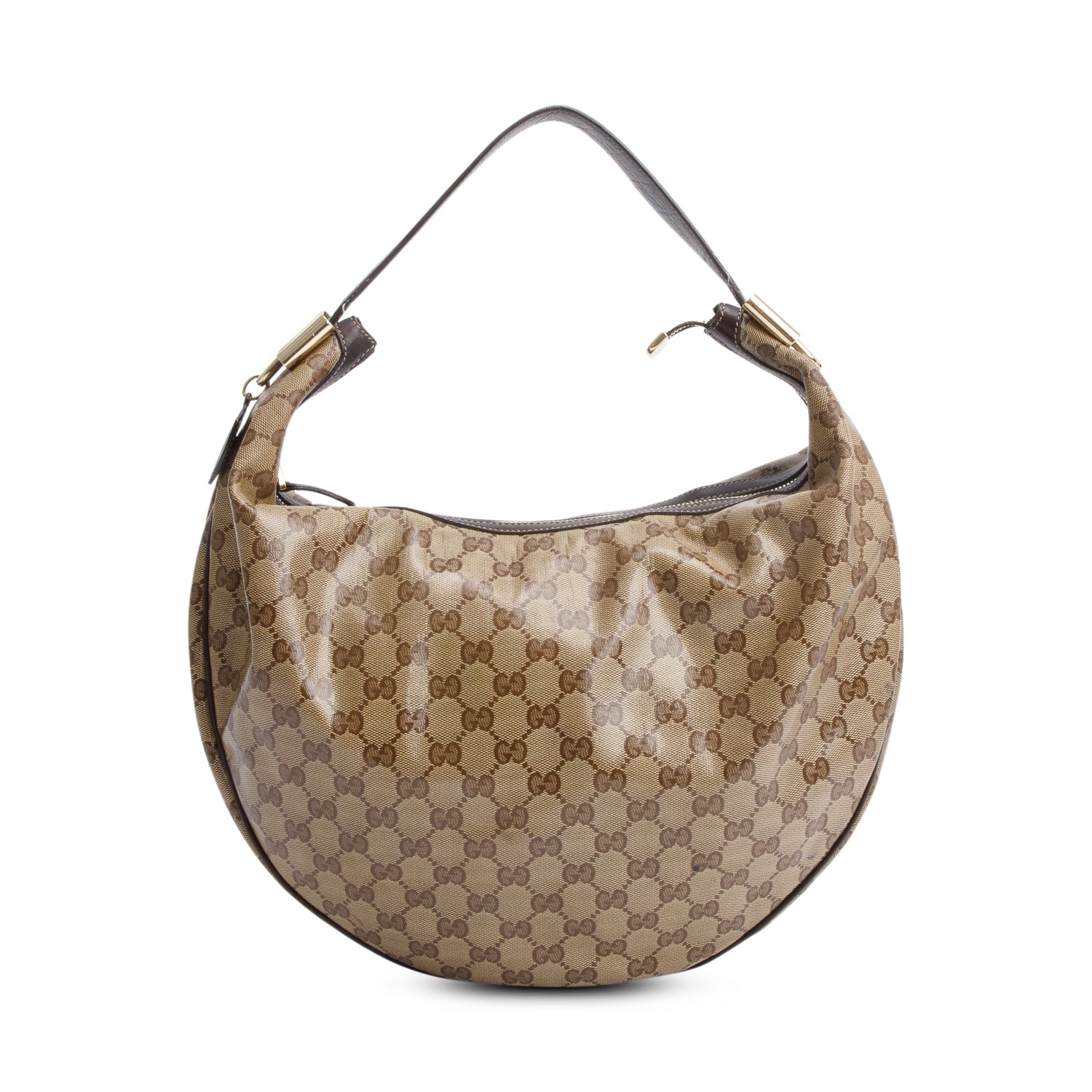 Gucci Brown Leather Trim GG Crystal Duchessa Hobo Bag