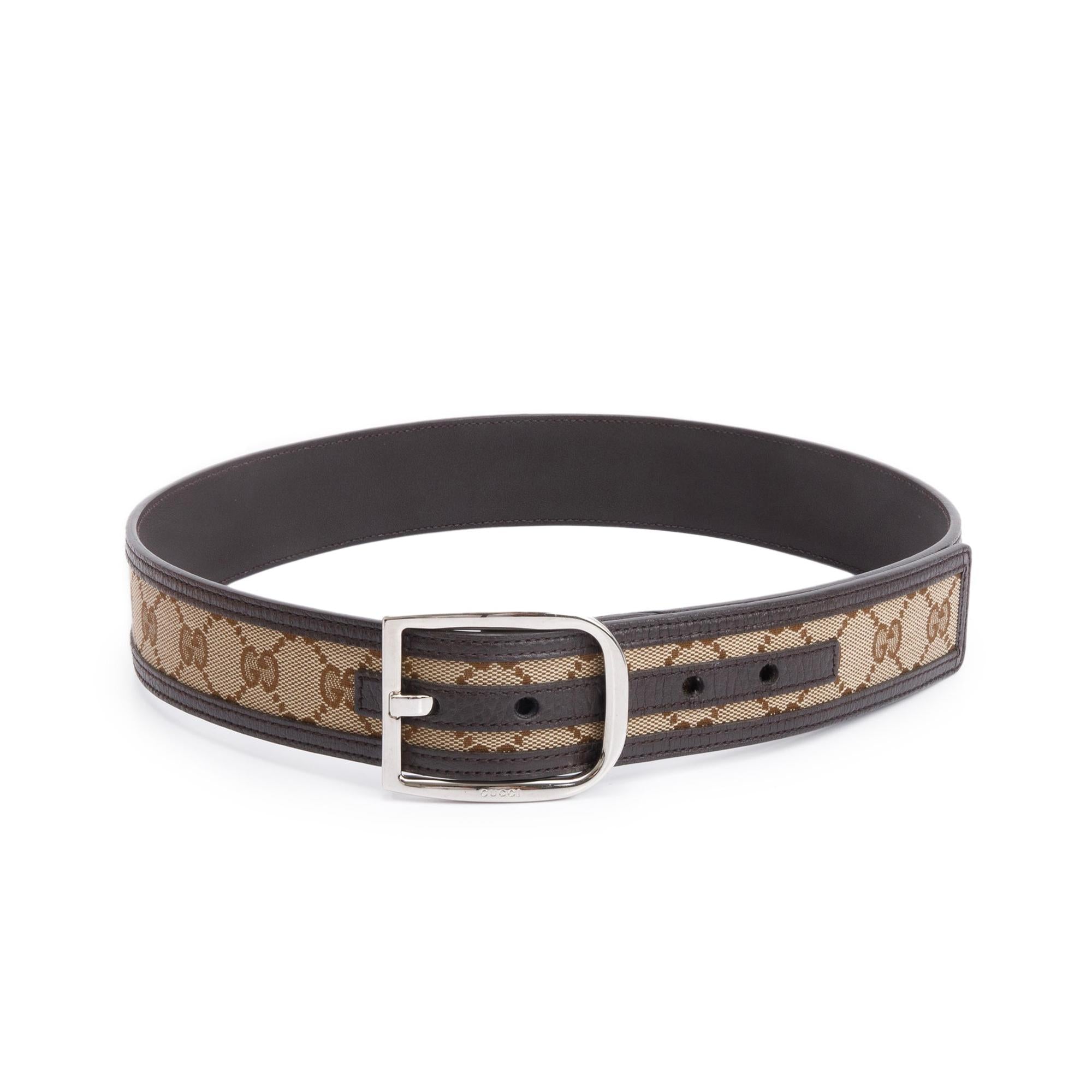 Gucci Brown Leather Trimmed GG Canvas Belt, Size 85 34