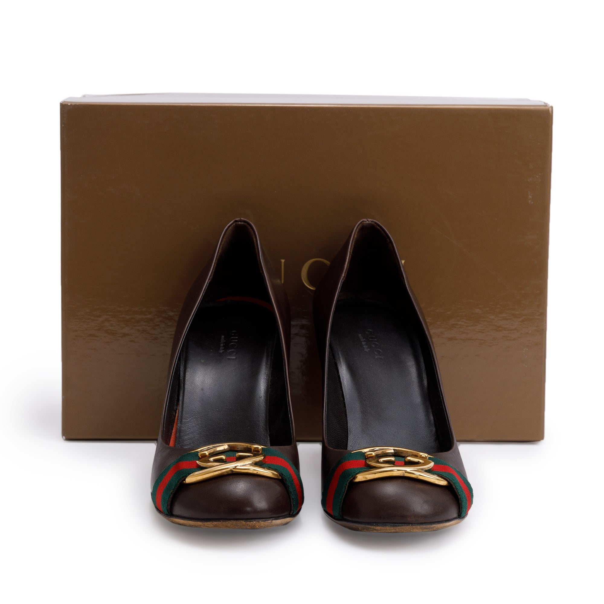Gucci Brown Leather Web Interlocking G Pumps, Size 37.5 w/ Box