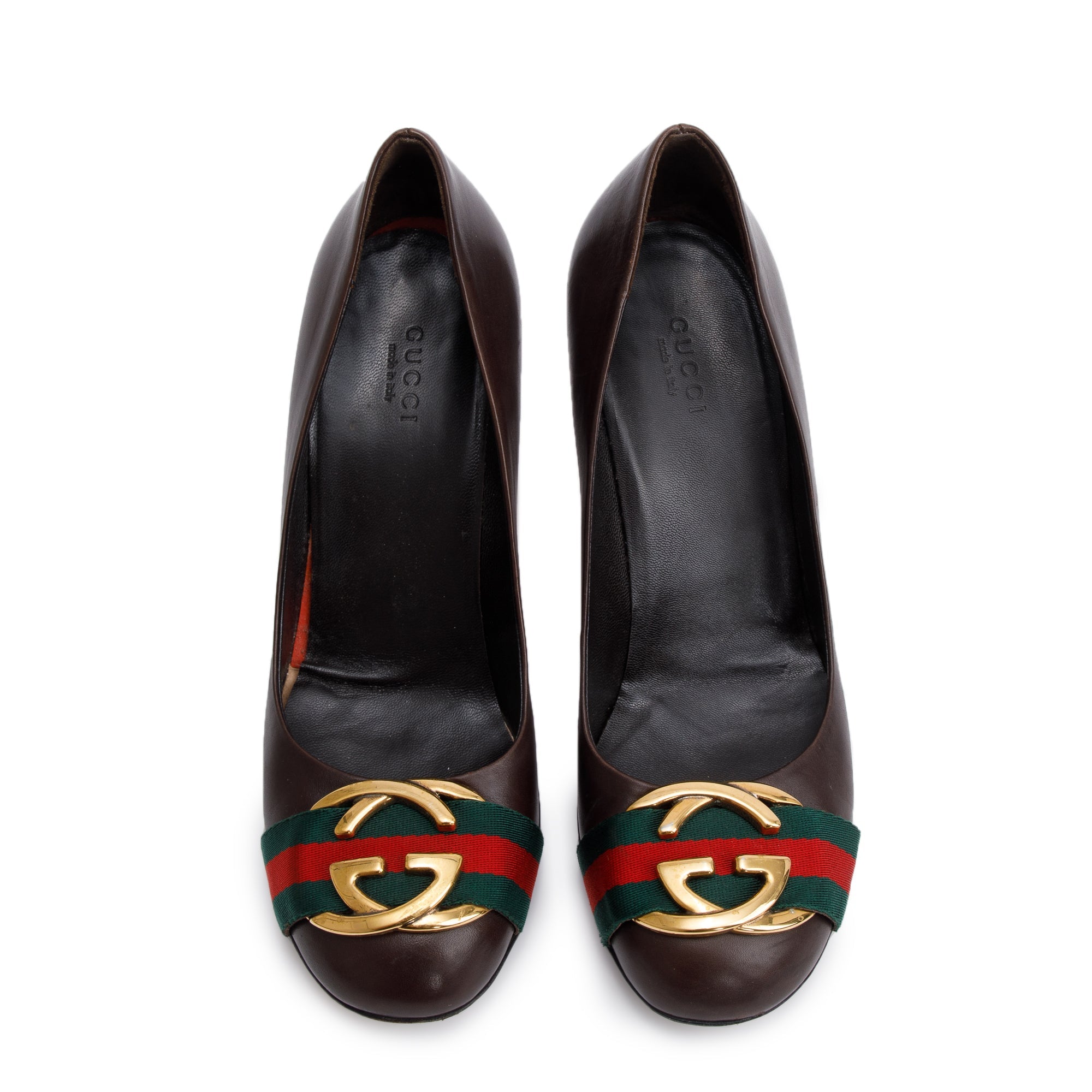 Gucci Brown Leather Web Interlocking G Pumps, Size 37.5 w/ Box