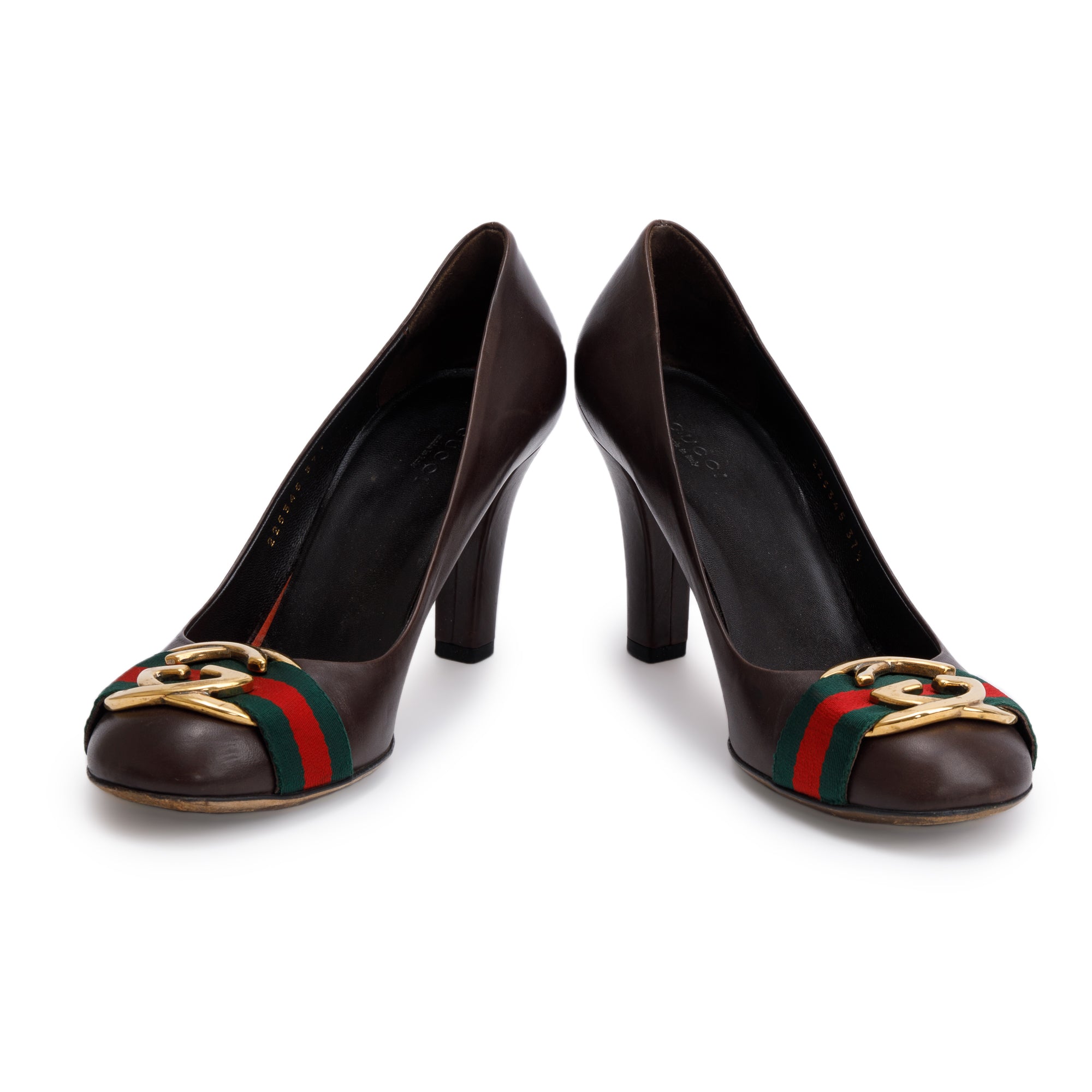 Gucci Brown Leather Web Interlocking G Pumps, Size 37.5 w/ Box