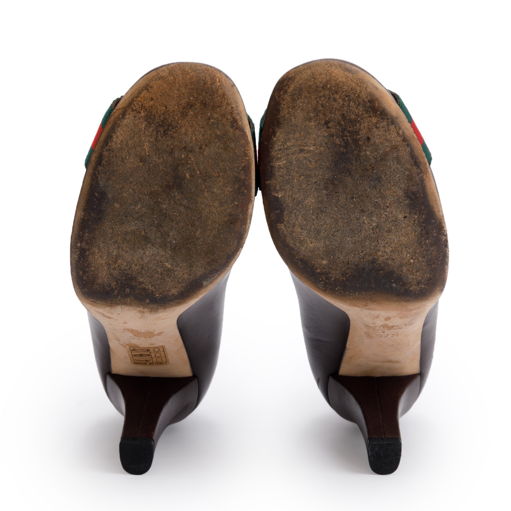 Gucci Brown Leather Web Interlocking G Pumps, Size 37.5 w/ Box