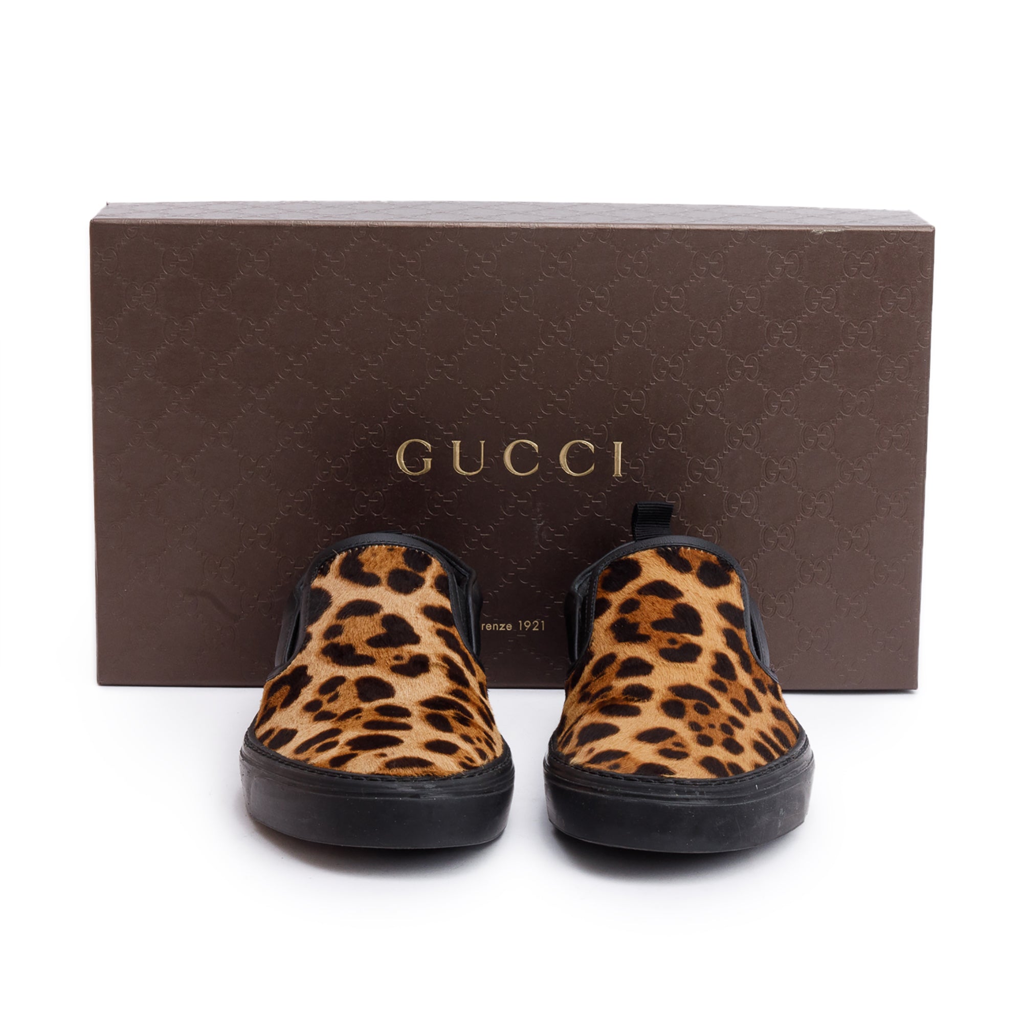 Gucci Brown Pony Hair Leopard Print Slip On Shoes, Size 5.5 w/ Box