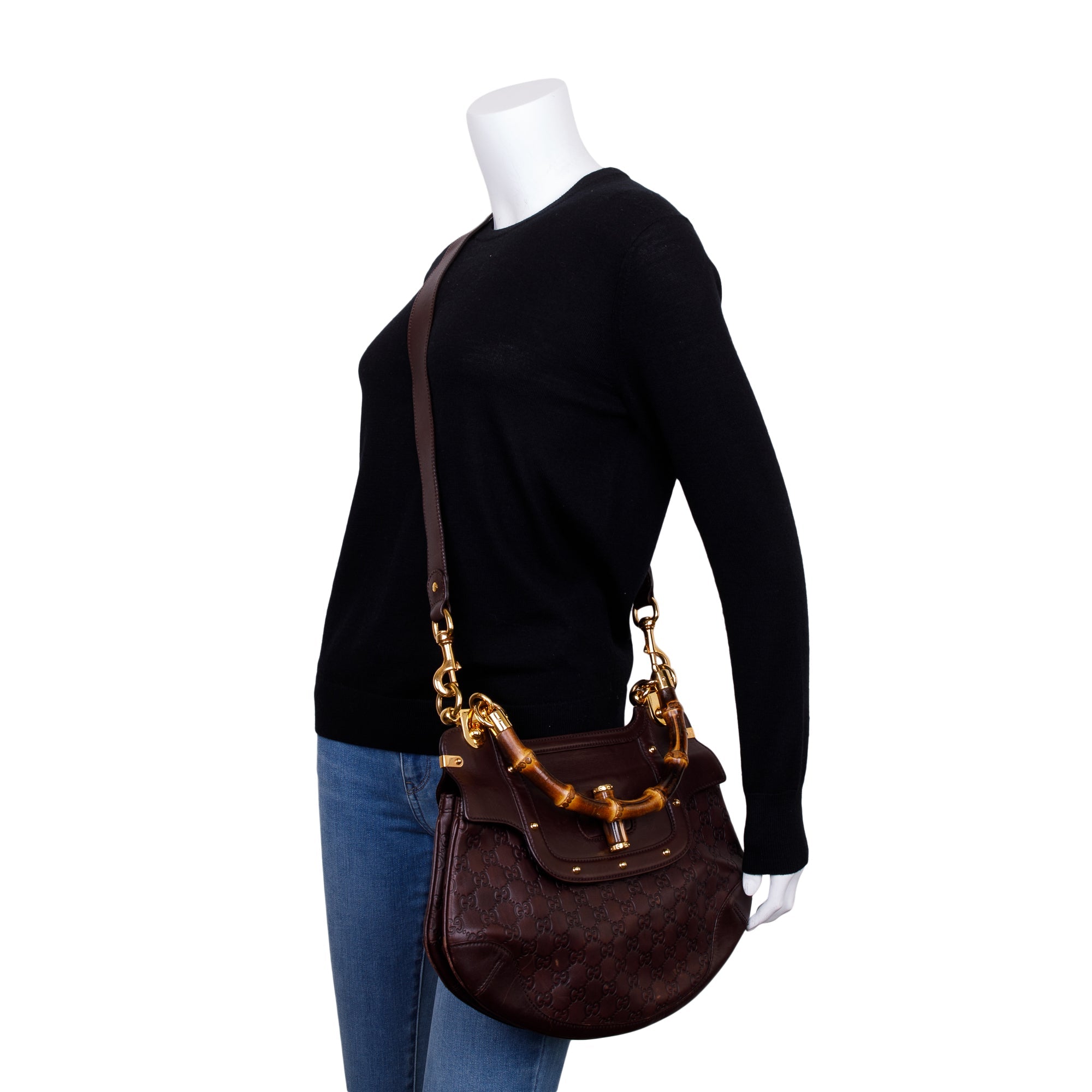 Gucci Brown Signature Leather Peggy Bamboo Top Handle Bag w/ Strap