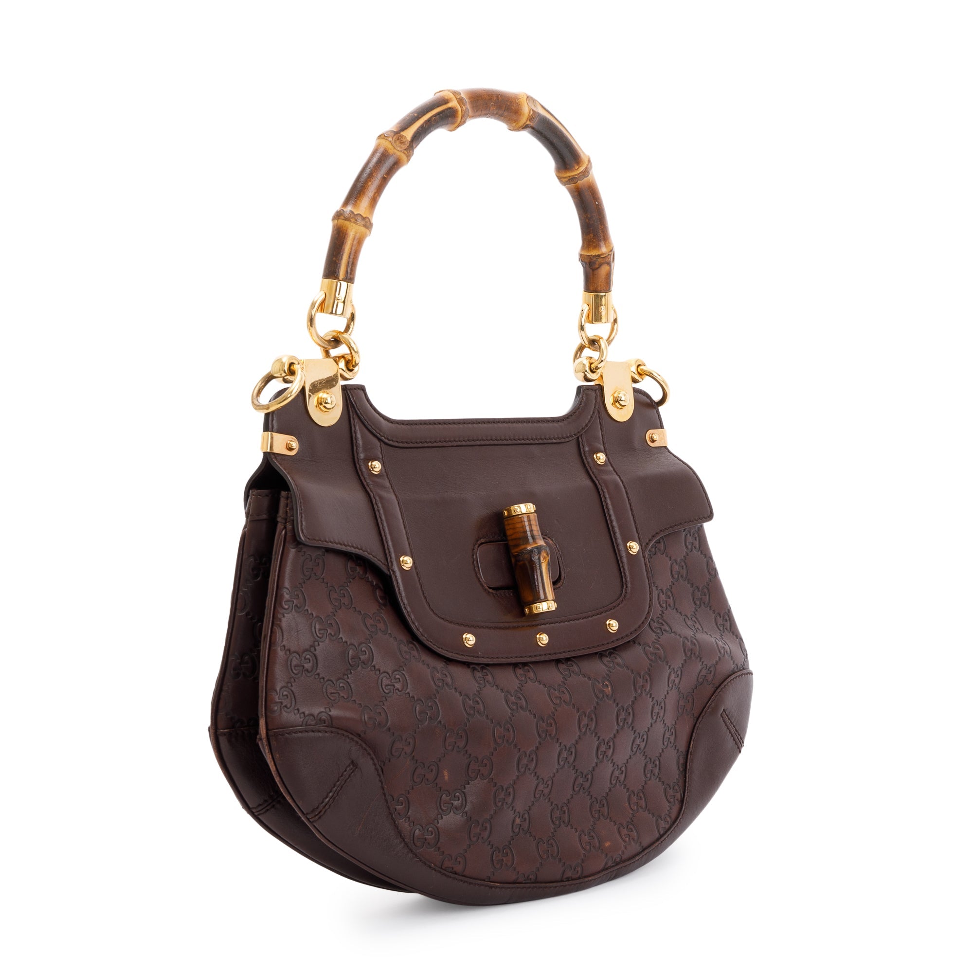 Gucci Brown Signature Leather Peggy Bamboo Top Handle Bag w/ Strap