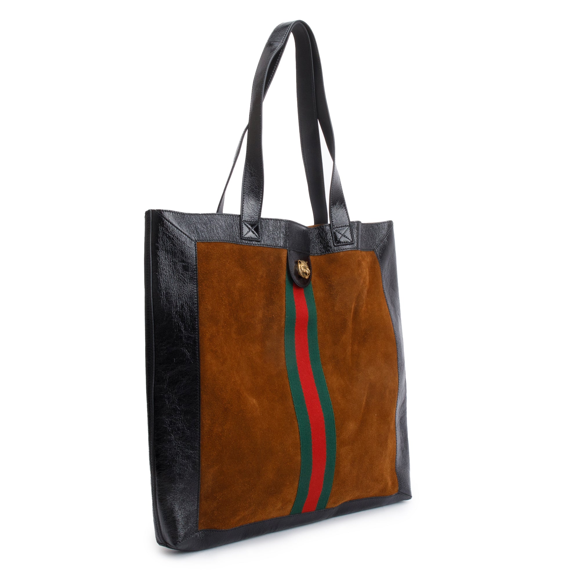 Gucci Brown Suede Black Patent Leather Trim Web Large Soft Ophidia Vertical Tote w/ Pouch