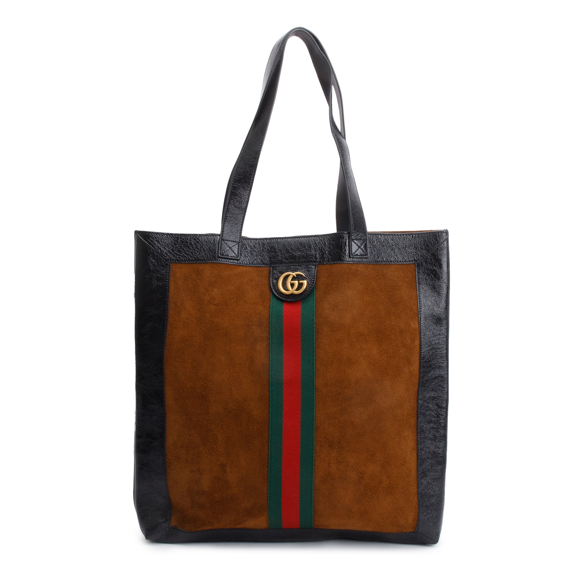 Gucci Brown Suede Black Patent Leather Trim Web Large Soft Ophidia Vertical Tote w/ Pouch