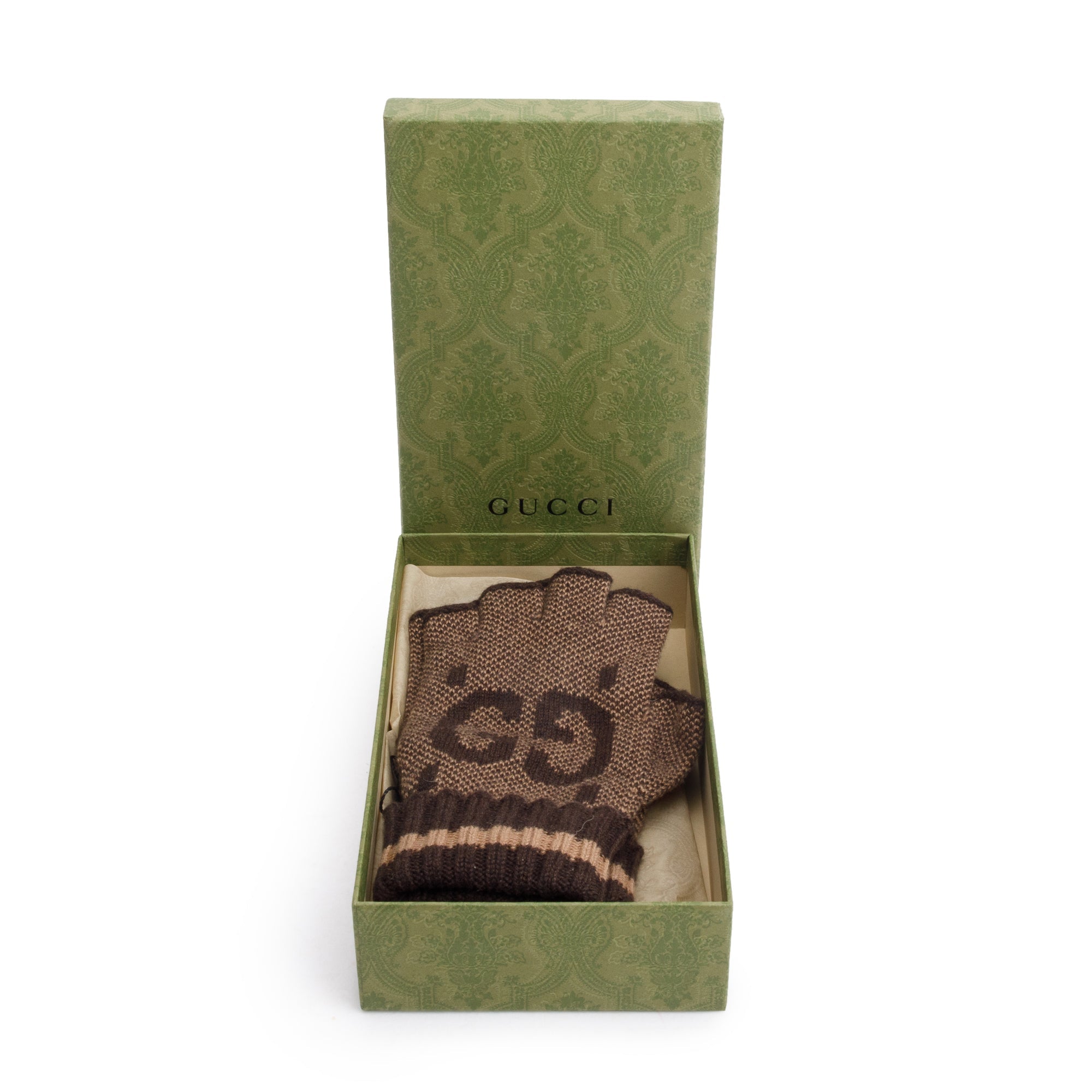 Gucci Brown/Beige GG Cashmere Fingerless Gloves w/ Box