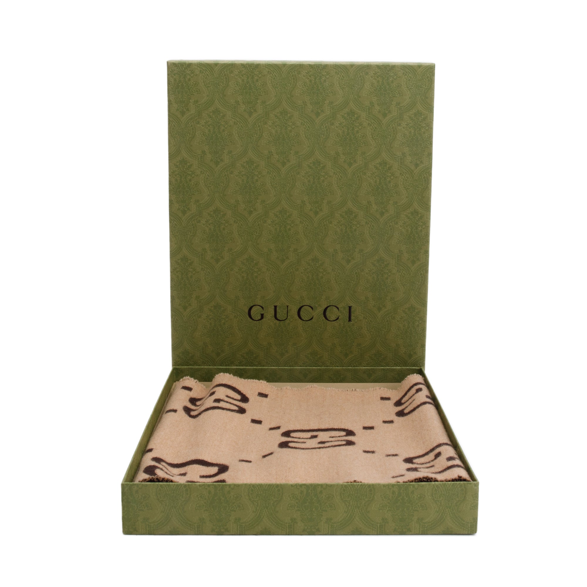Gucci Brown/Beige GG Jacquard Wool Silk Scarf w/ Box & Receipt