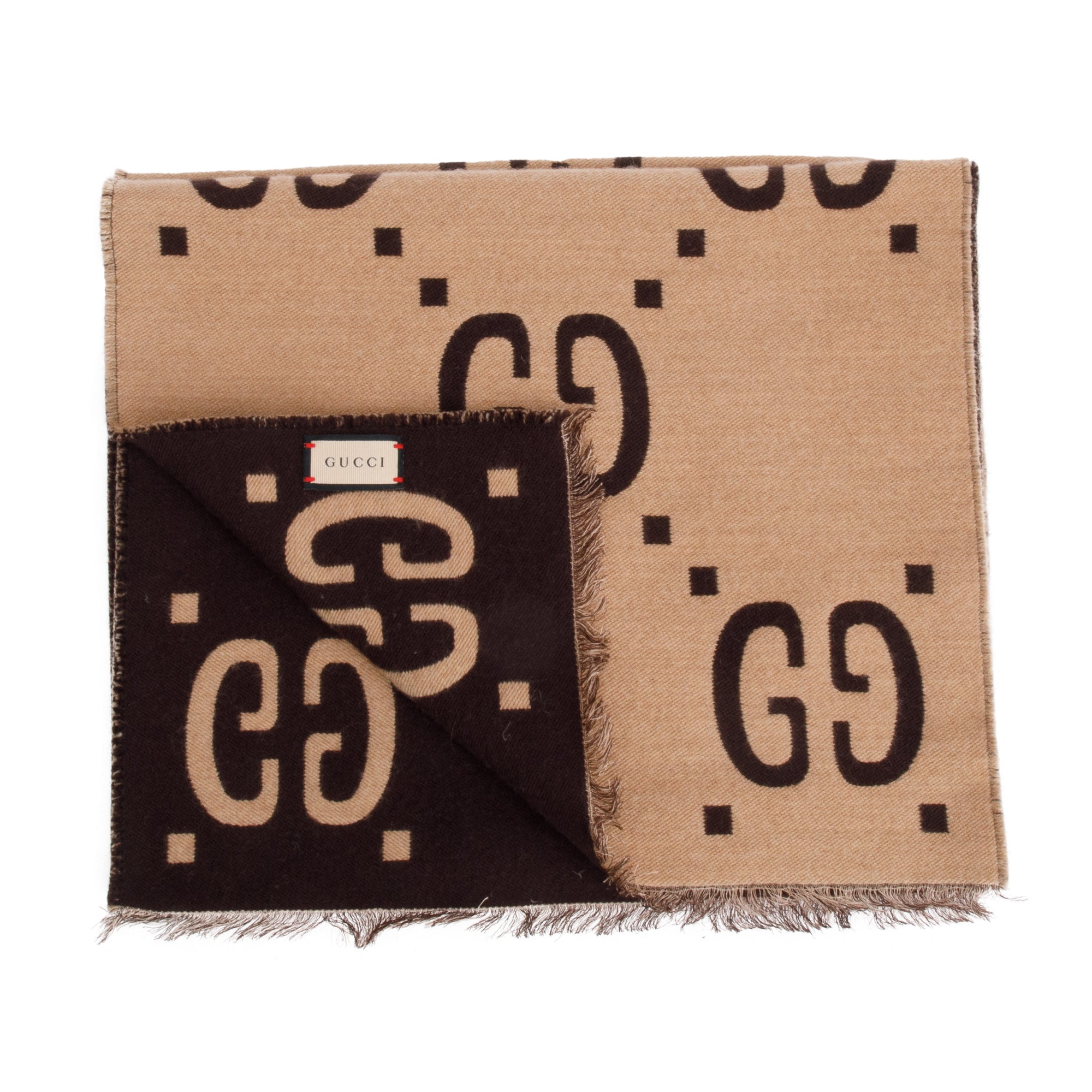 Gucci Brown/Beige GG Jacquard Wool Silk Scarf w/ Box & Receipt