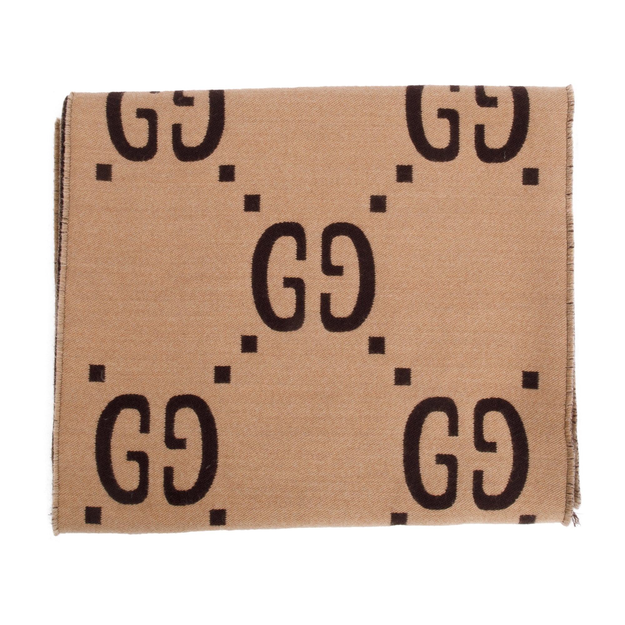 Gucci Brown/Beige GG Jacquard Wool Silk Scarf w/ Box & Receipt