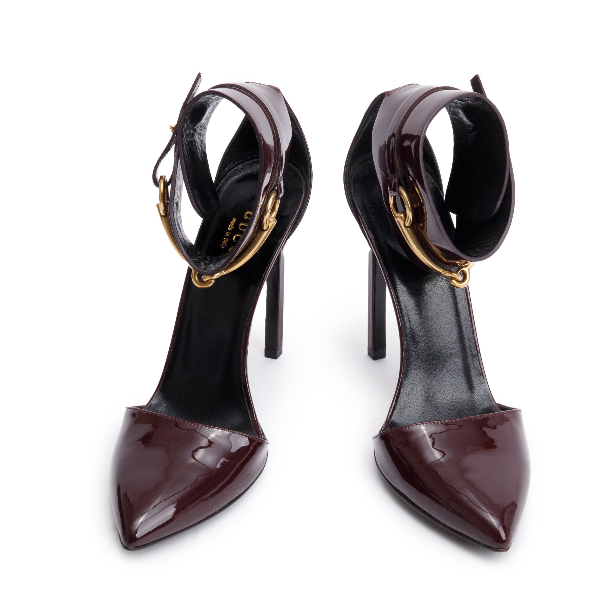 Gucci Burgundy Patent Leather Horsebit Accent Ursula Ankle Wrap Pumps, Size 38