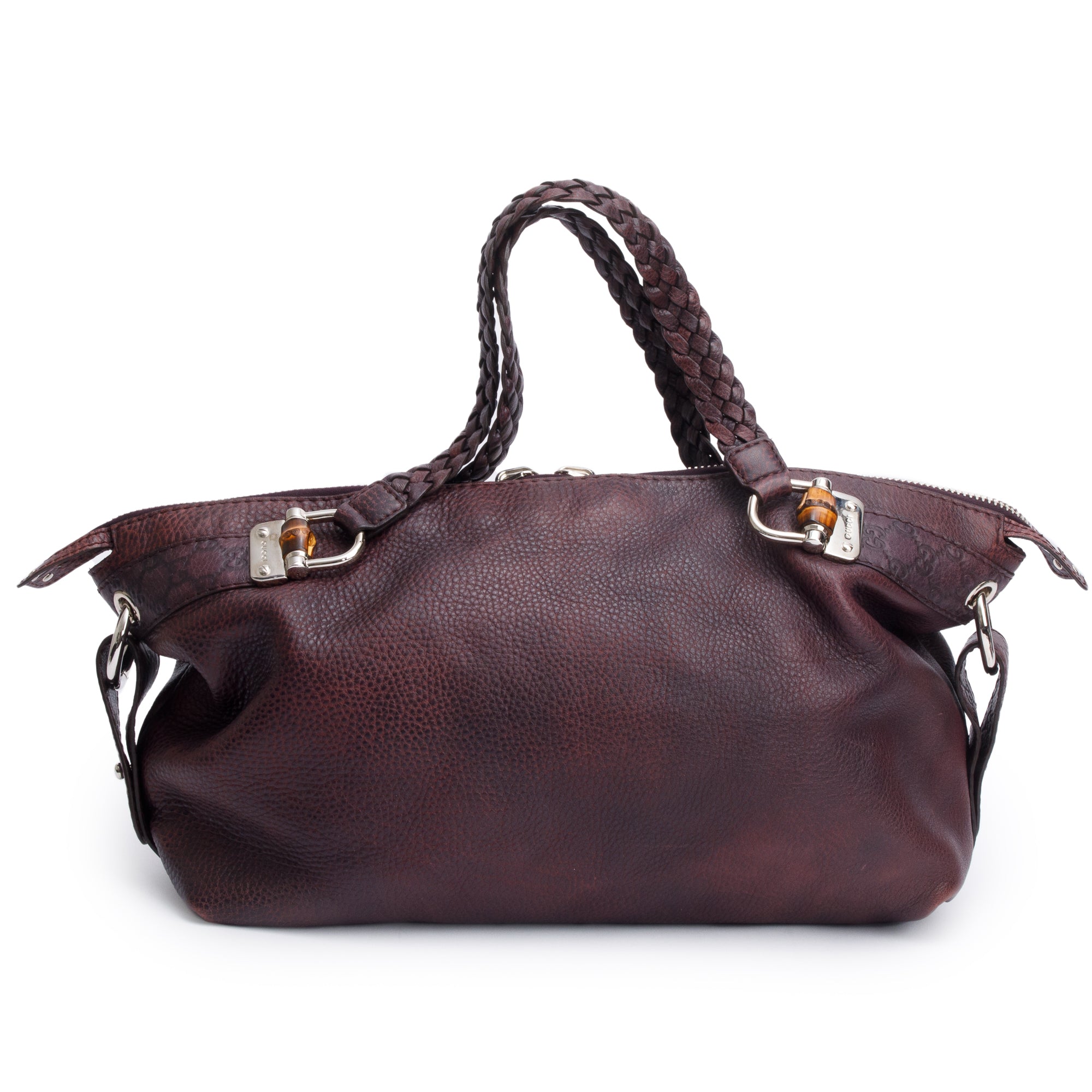 Gucci Burgundy Pebbled Calfskin Leather Medium Bamboo Bar Tote