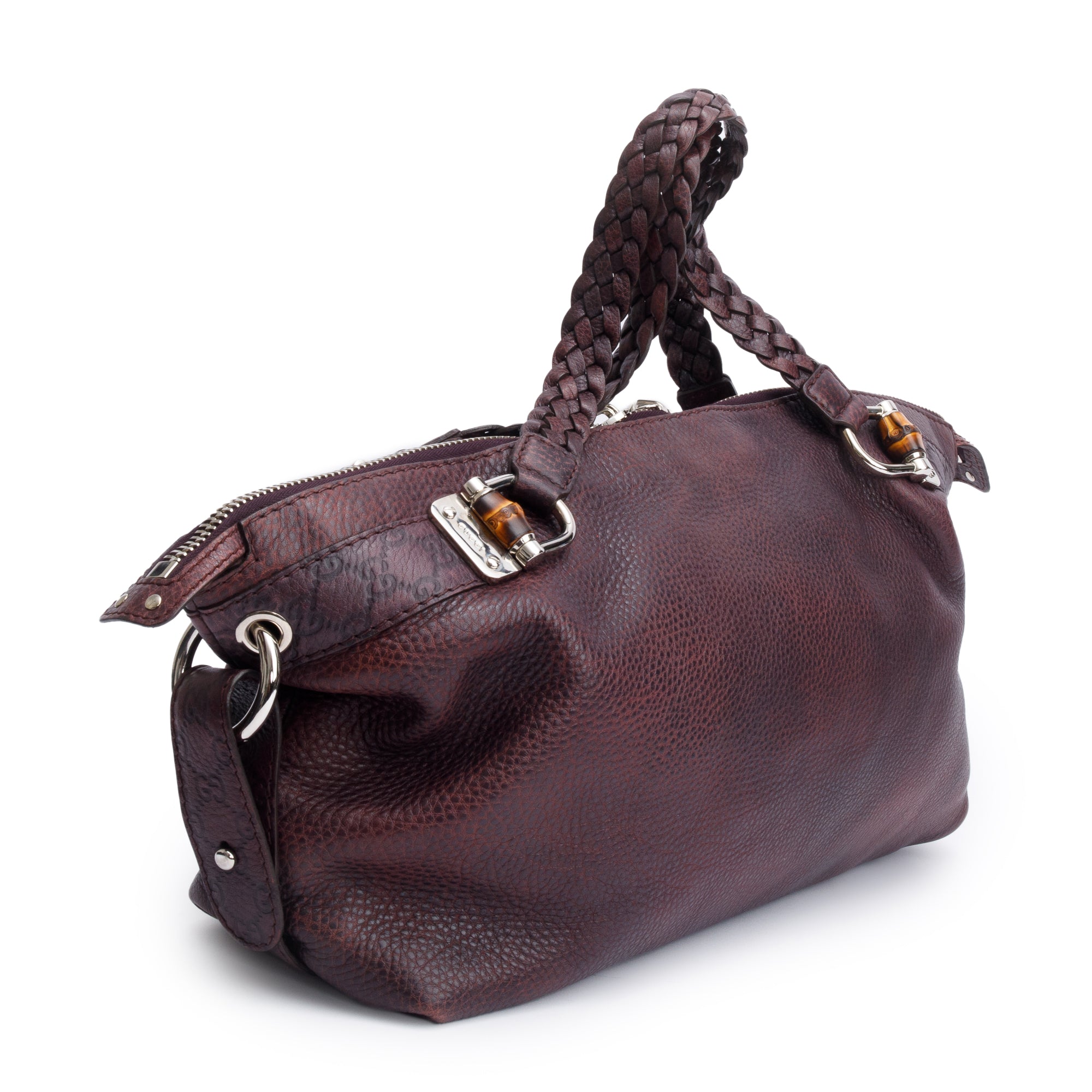 Gucci Burgundy Pebbled Calfskin Leather Medium Bamboo Bar Tote