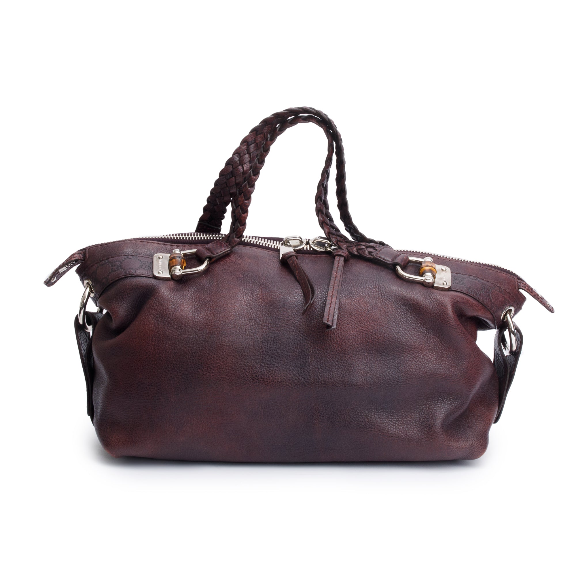 Gucci Burgundy Pebbled Calfskin Leather Medium Bamboo Bar Tote