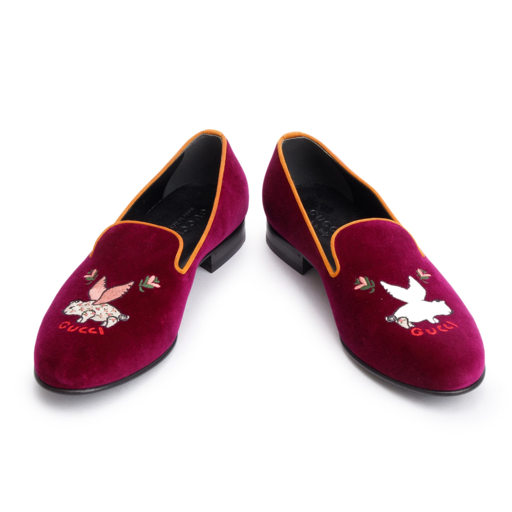 Gucci Burgundy Velvet Flying Pig Embroidered Accent Mens Loafers, Size 7