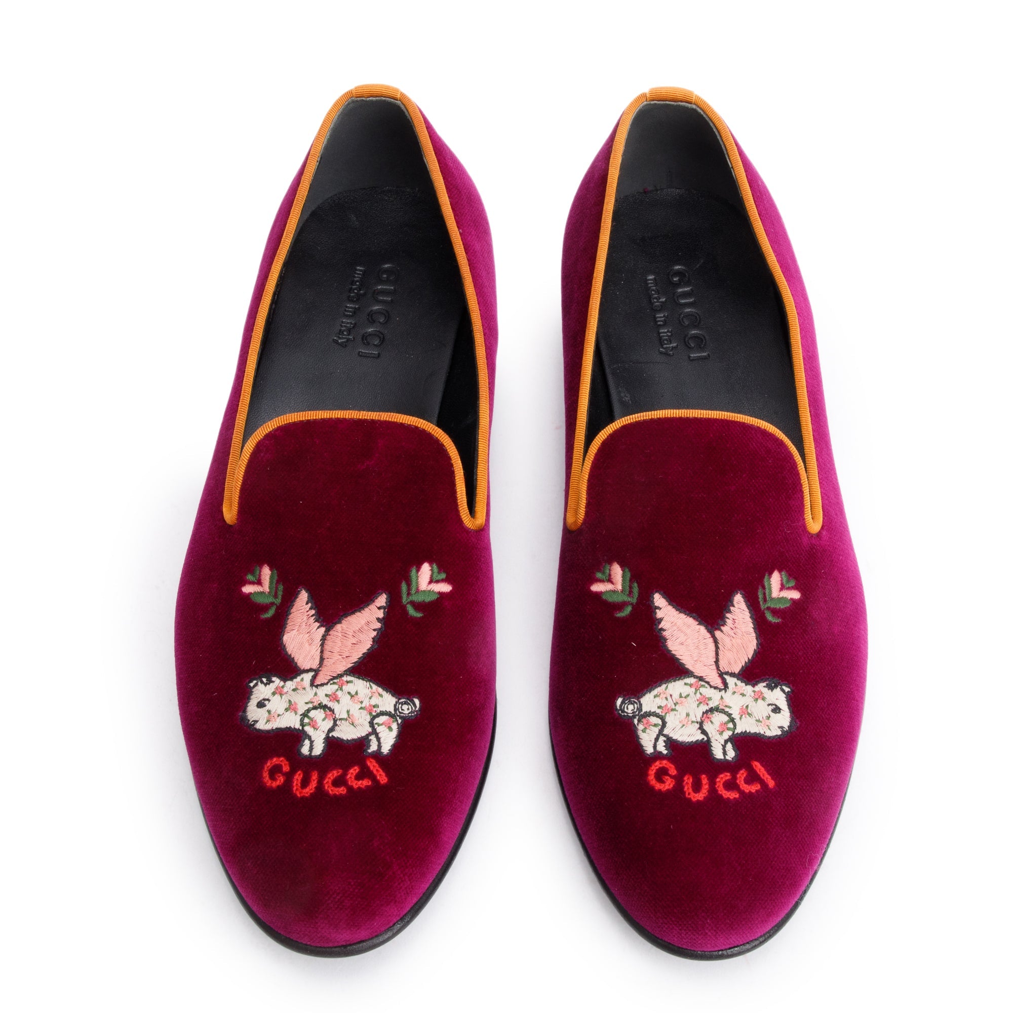 Gucci Burgundy Velvet Flying Pig Embroidered Accent Mens Loafers, Size 7