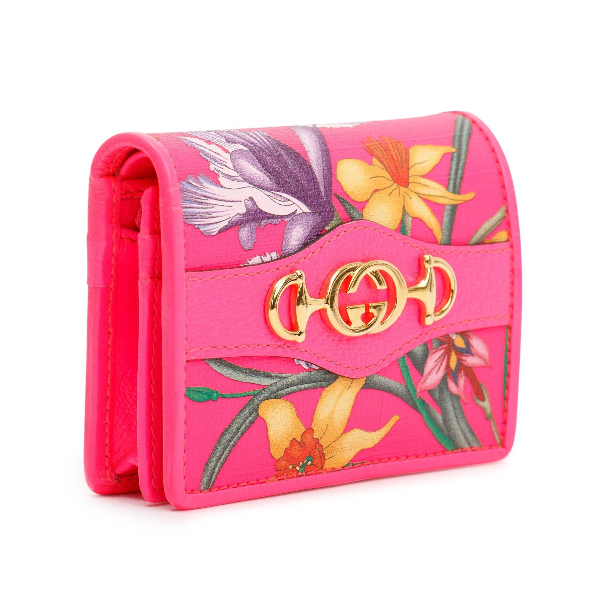 Gucci Calfskin Fuxia Fluo Flora Print Zumi Card Case w/ Box