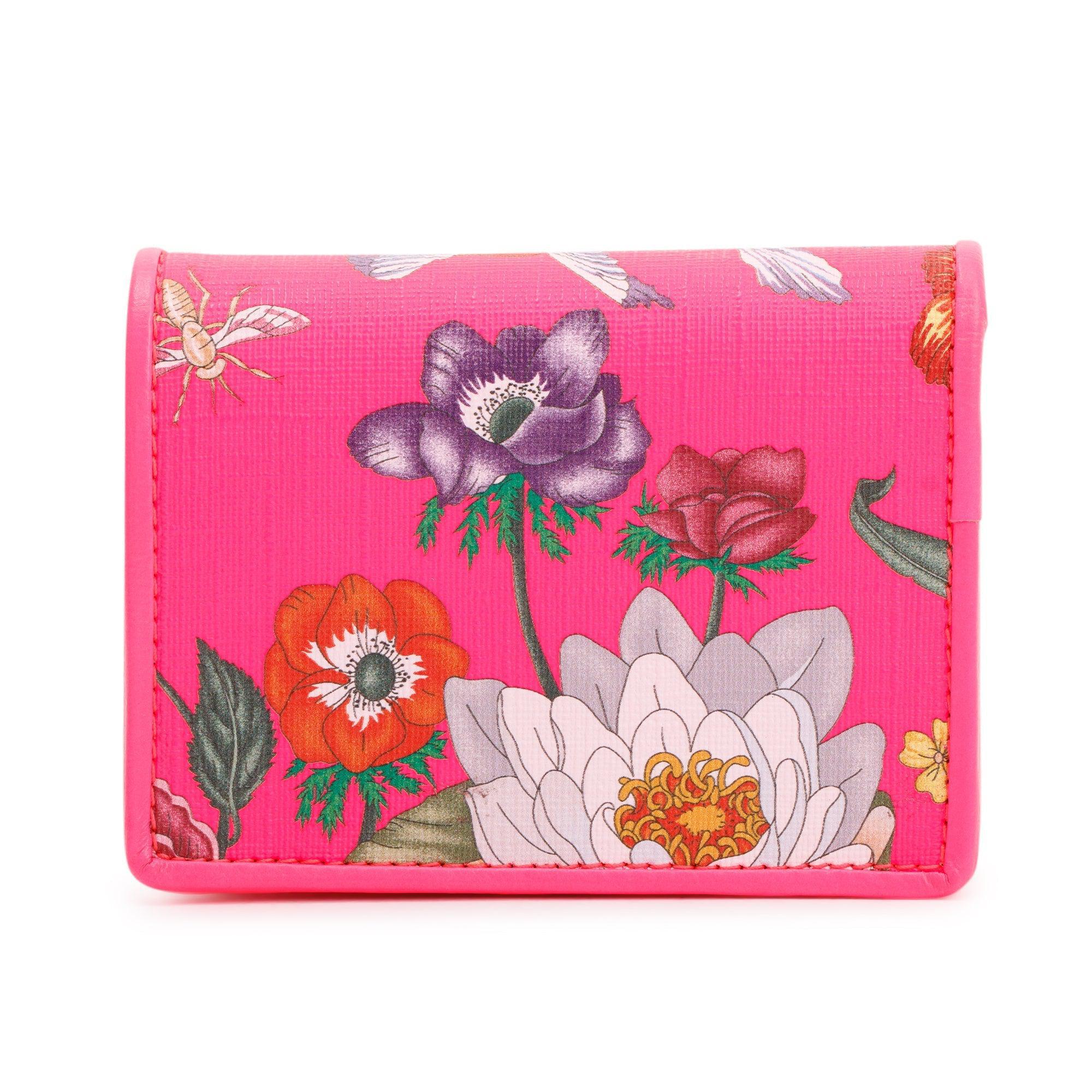 Gucci Calfskin Fuxia Fluo Flora Print Zumi Card Case w/ Box