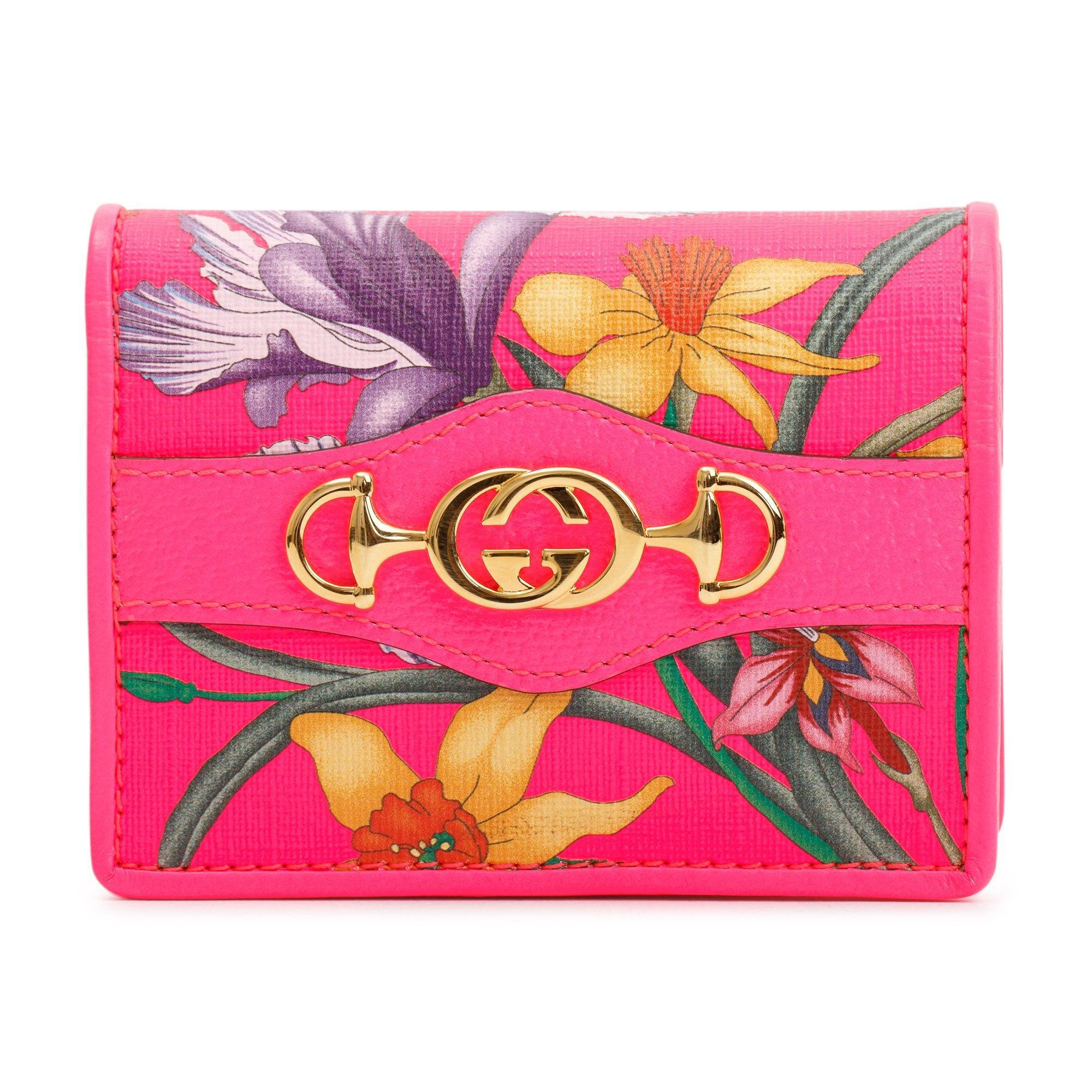 Gucci Calfskin Fuxia Fluo Flora Print Zumi Card Case w/ Box