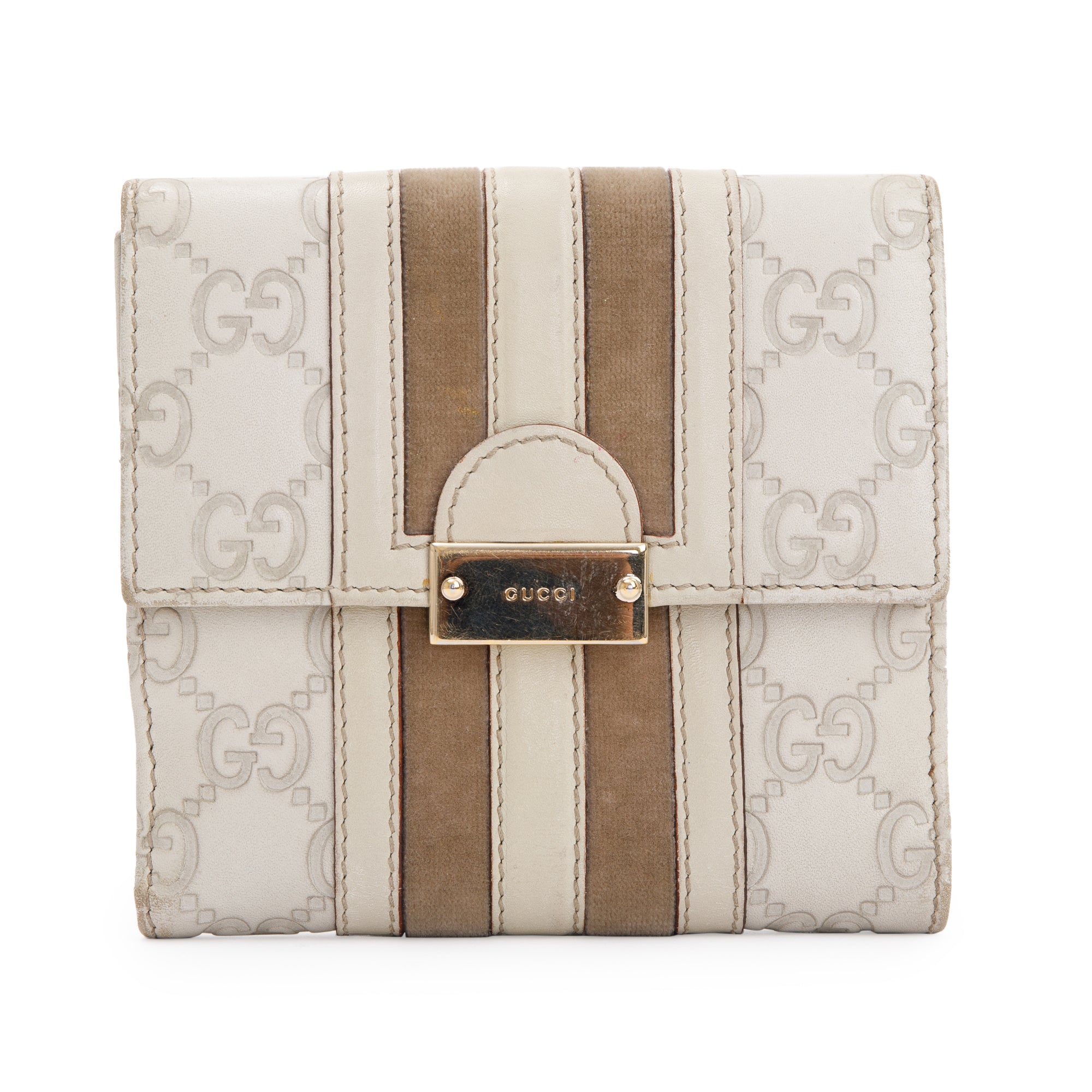 Gucci Creme Signature Leather & Suede Flap Wallet