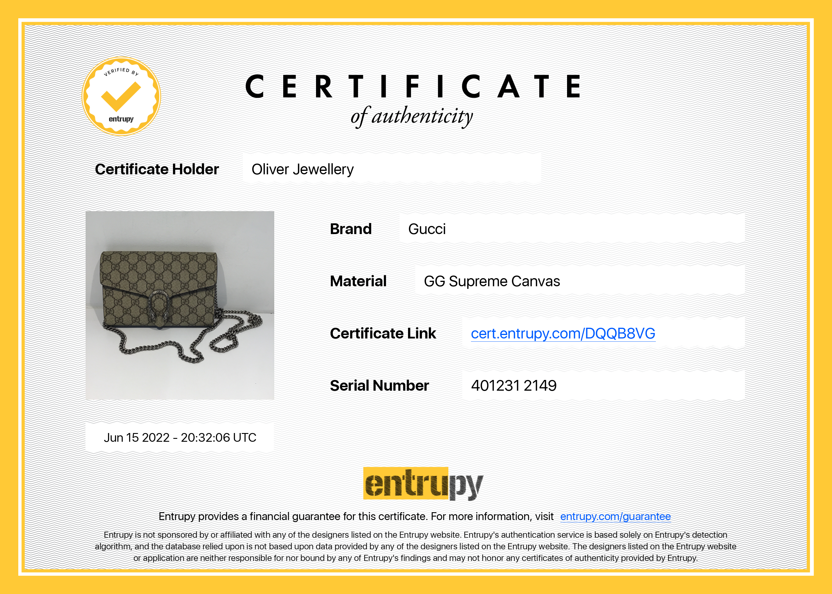 Gucci Dionysus GG Supreme Wallet on Chain w/ Box