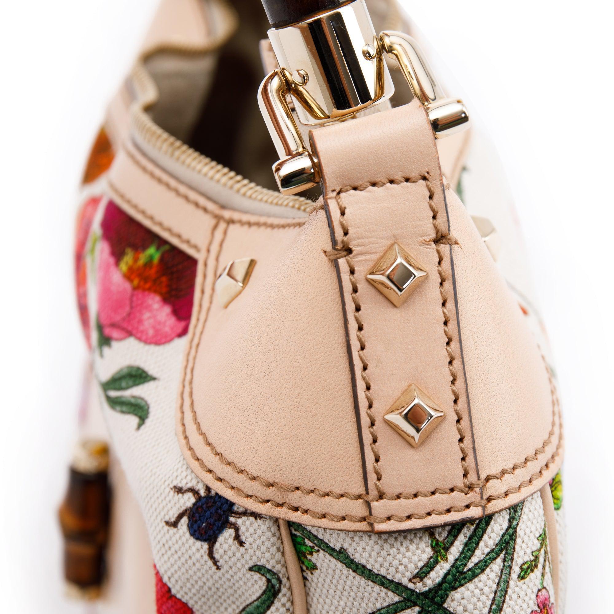 Gucci Floral Canvas Nailhead Bamboo Hobo Bag