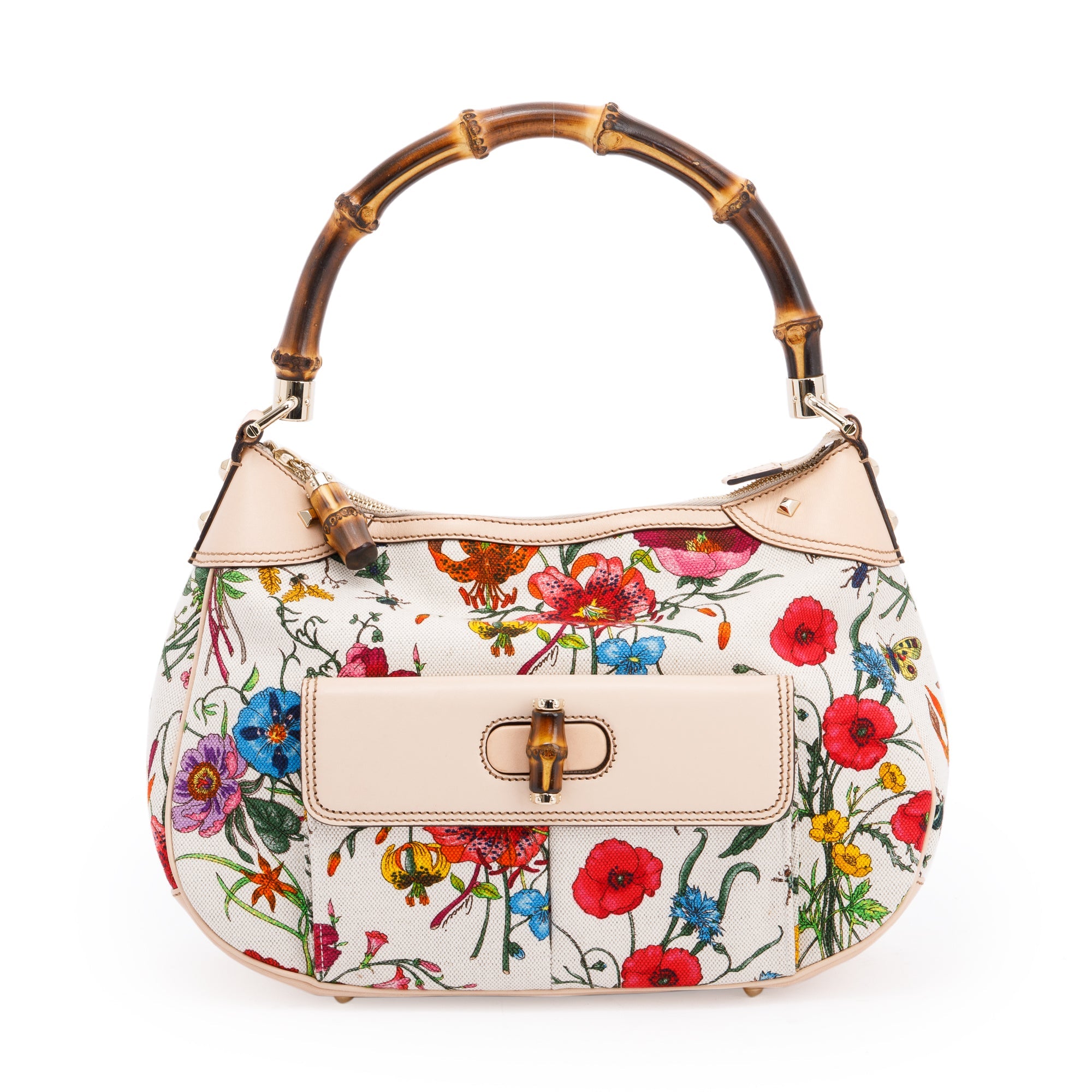 Gucci Floral Canvas Nailhead Bamboo Hobo Bag