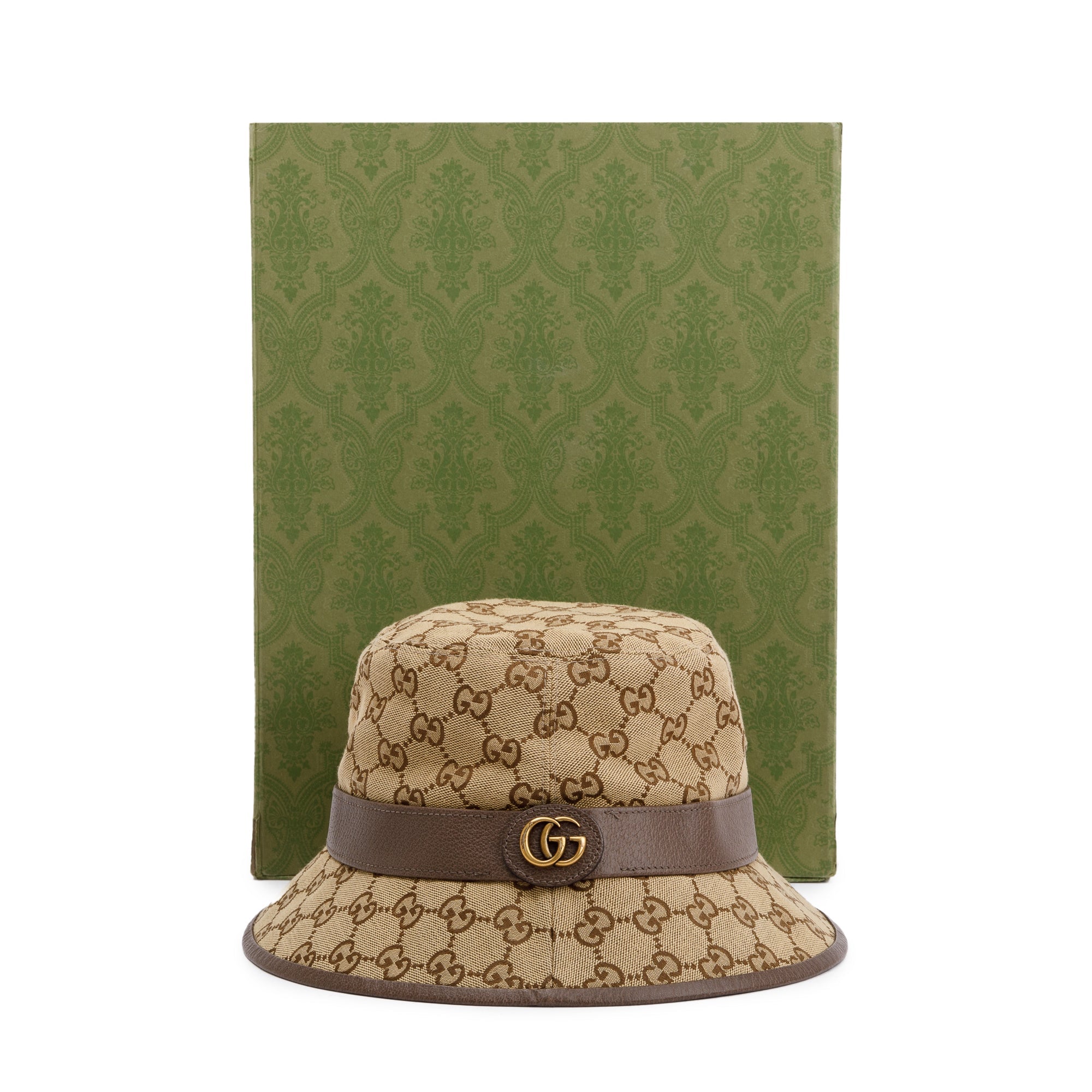 Gucci GG Canvas Brown Leather Bucket Hat with Web, Size M 58 w/ Box