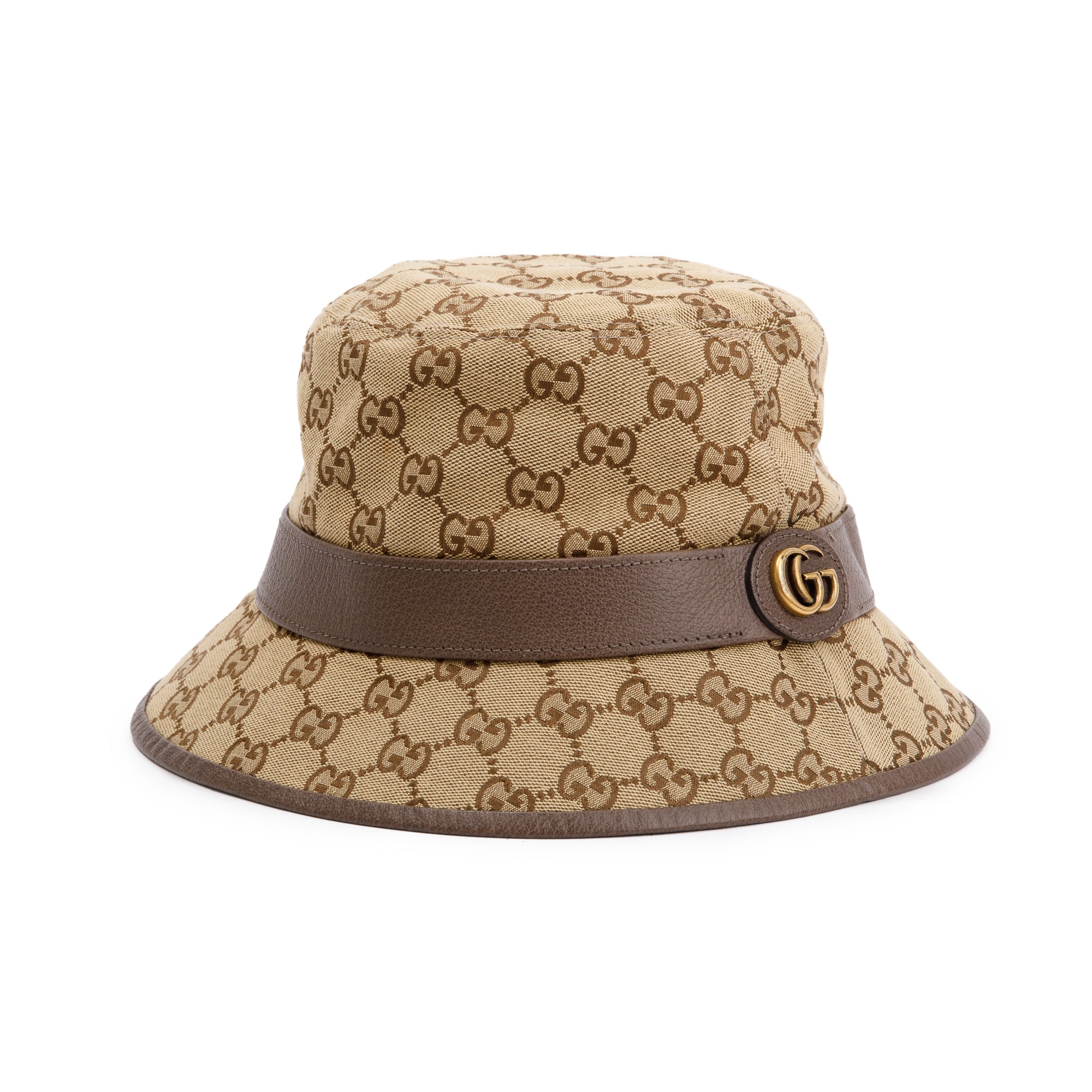 Gucci GG Canvas Brown Leather Bucket Hat with Web, Size M 58 w/ Box
