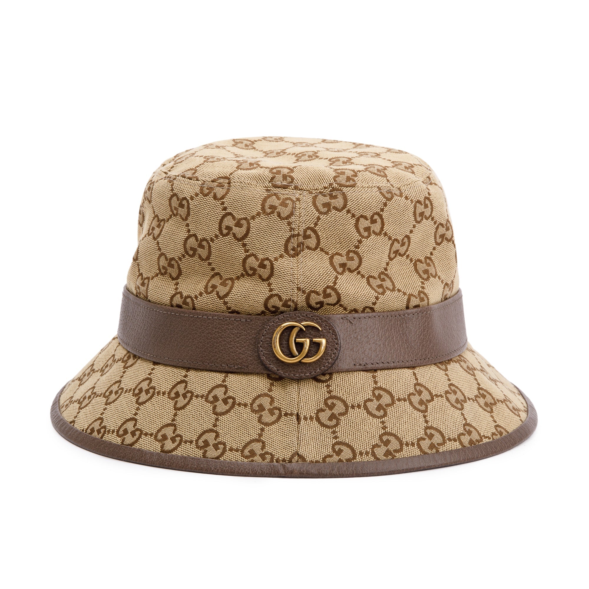 Gucci GG Canvas Brown Leather Bucket Hat with Web, Size M 58 w/ Box