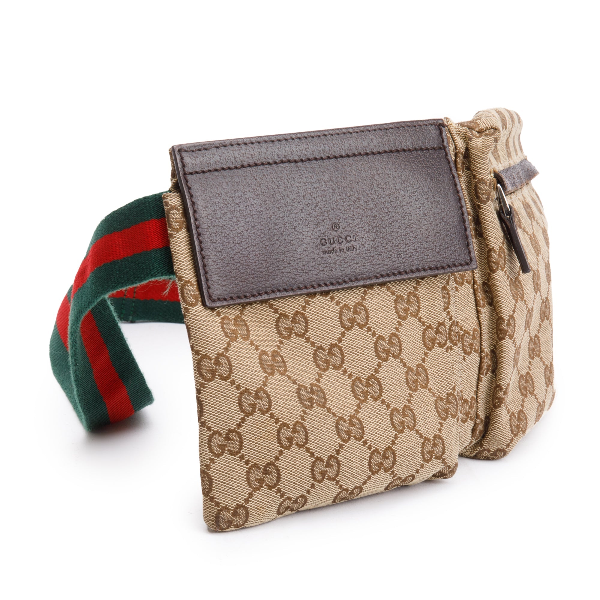 Gucci GG Canvas Brown Leather Trim Double Pocket Belt Bag