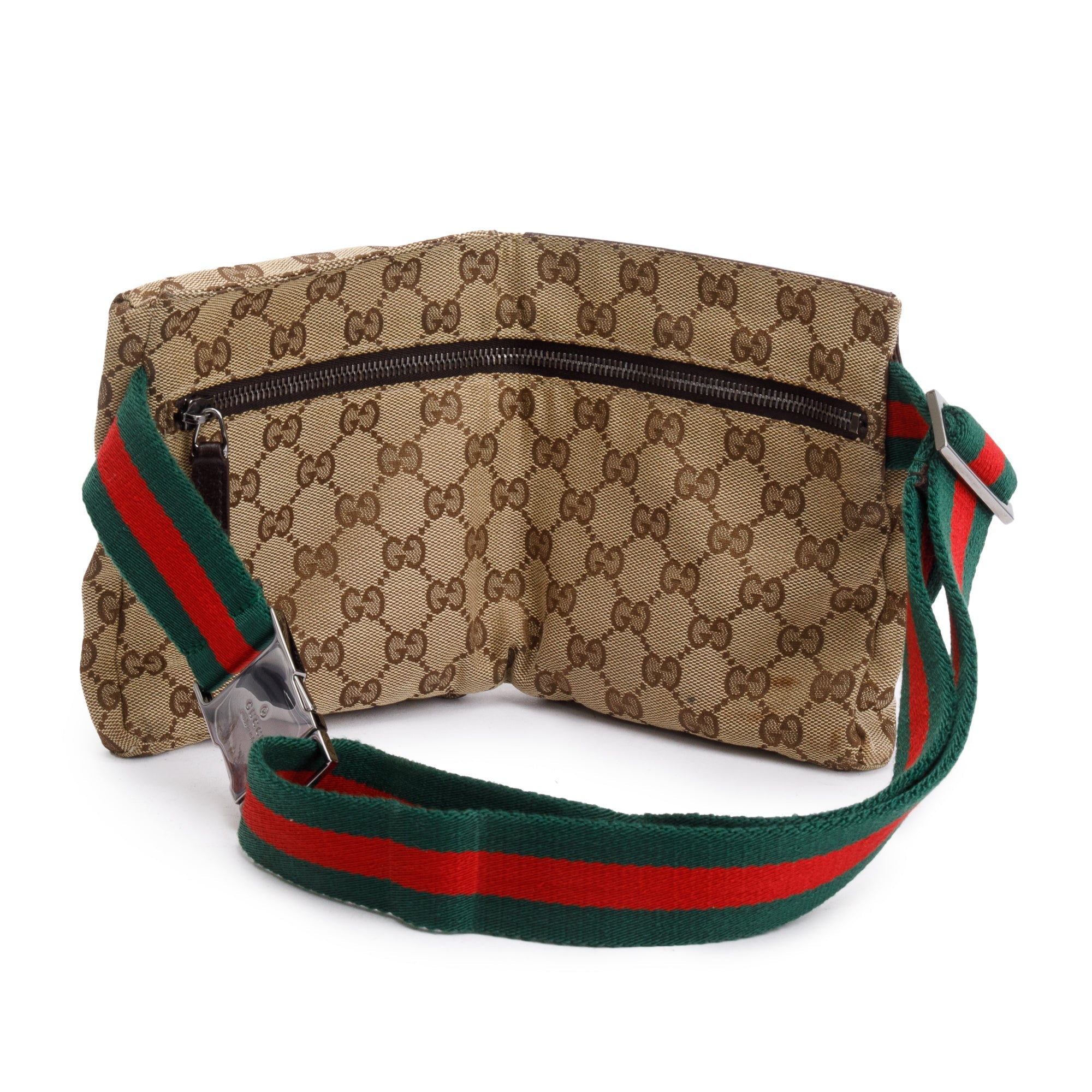 Gucci GG Canvas Brown Leather Trim Double Pocket Belt Bag