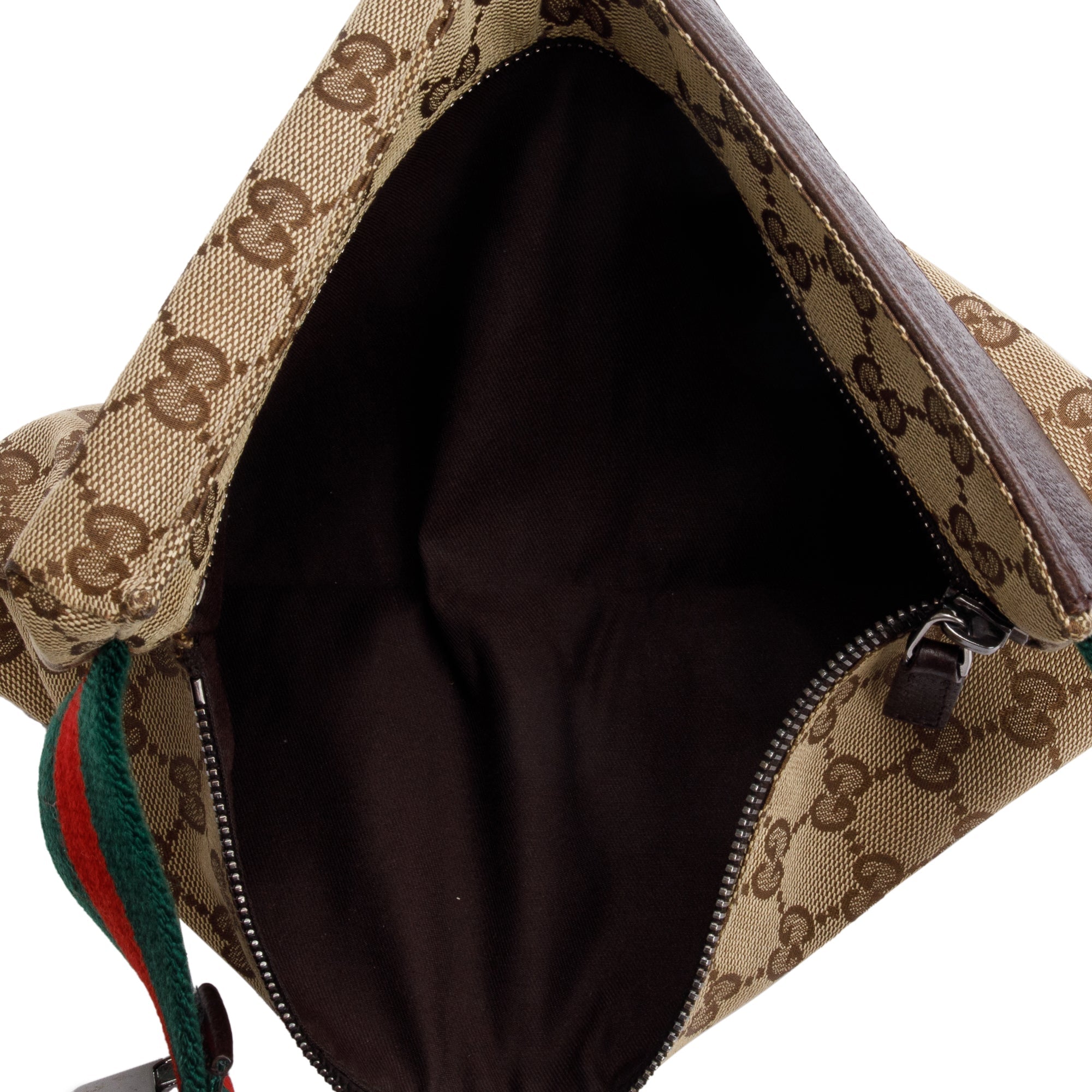 Gucci GG Canvas Brown Leather Trim Double Pocket Belt Bag