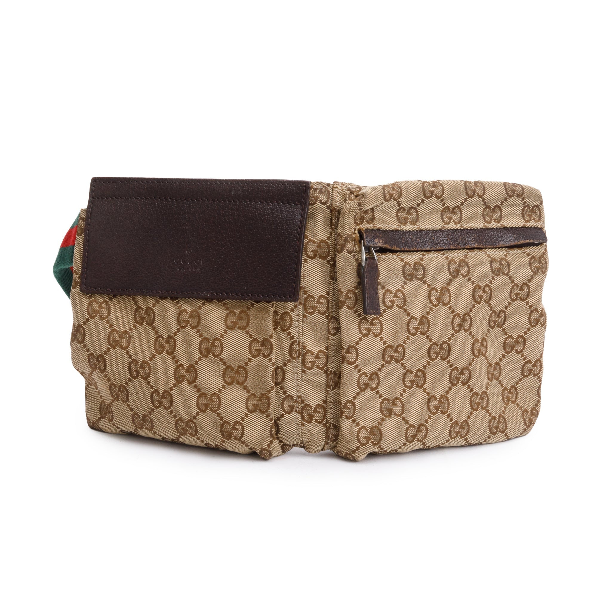 Gucci GG Canvas Brown Leather Trim Double Pocket Belt Bag