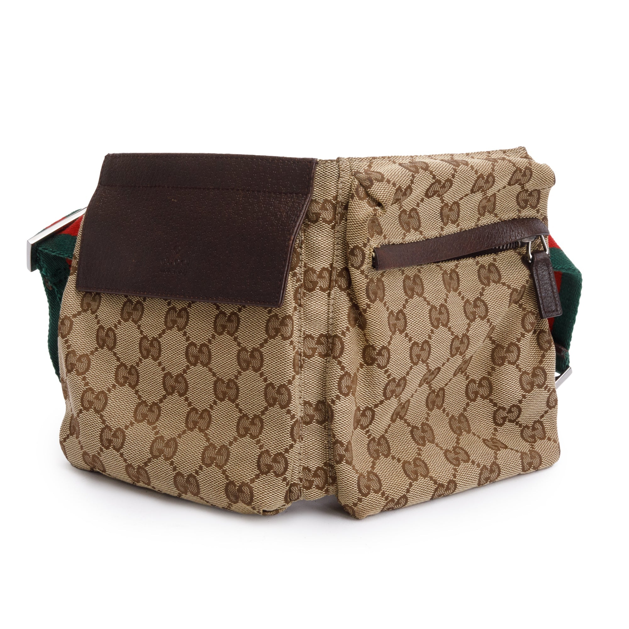 Gucci GG Canvas Brown Leather Trim Double Pocket Belt Bag