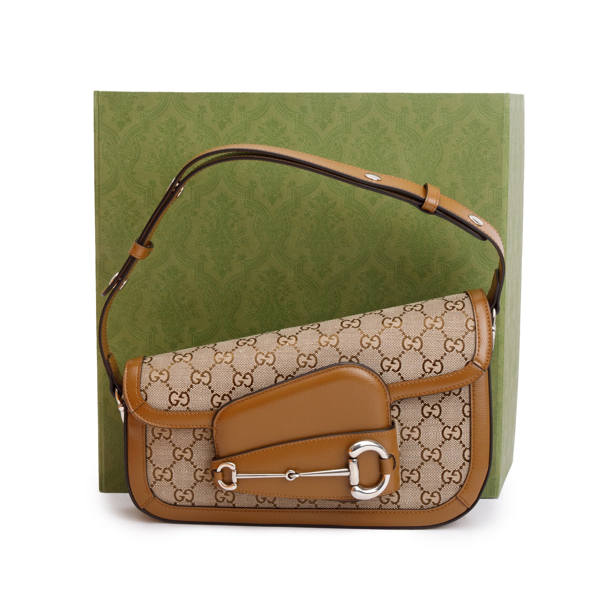 Gucci GG Canvas Brown Leather Trim Horsebit 1955 Small Shoulder Bag w/ Box