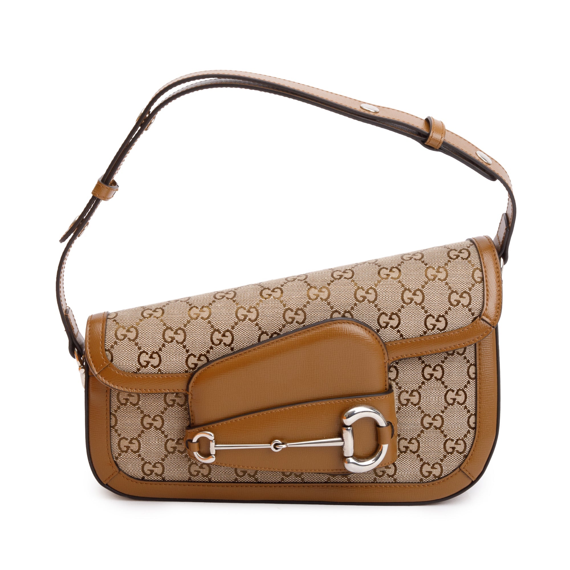 Gucci GG Canvas Brown Leather Trim Horsebit 1955 Small Shoulder Bag w/ Box