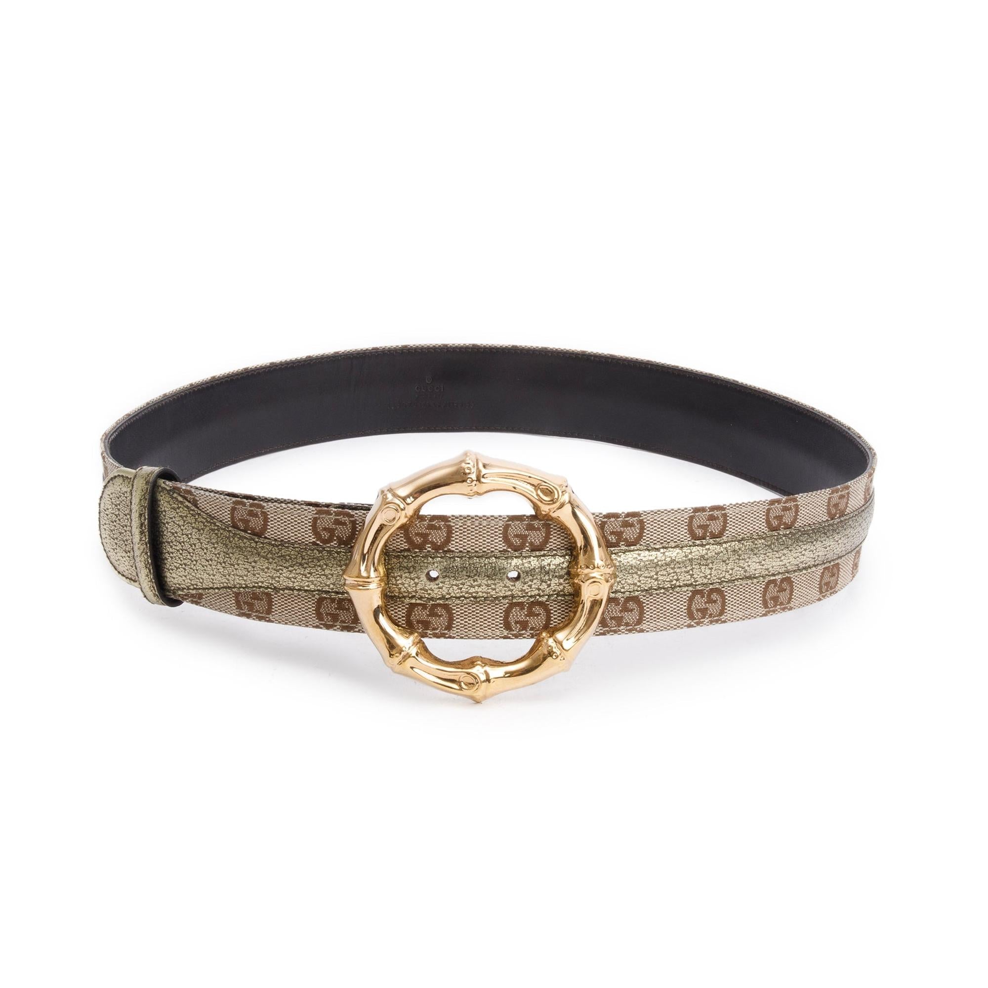 Gucci GG Canvas & Metallic Gold Leather Bamboo Buckle Belt 90 36